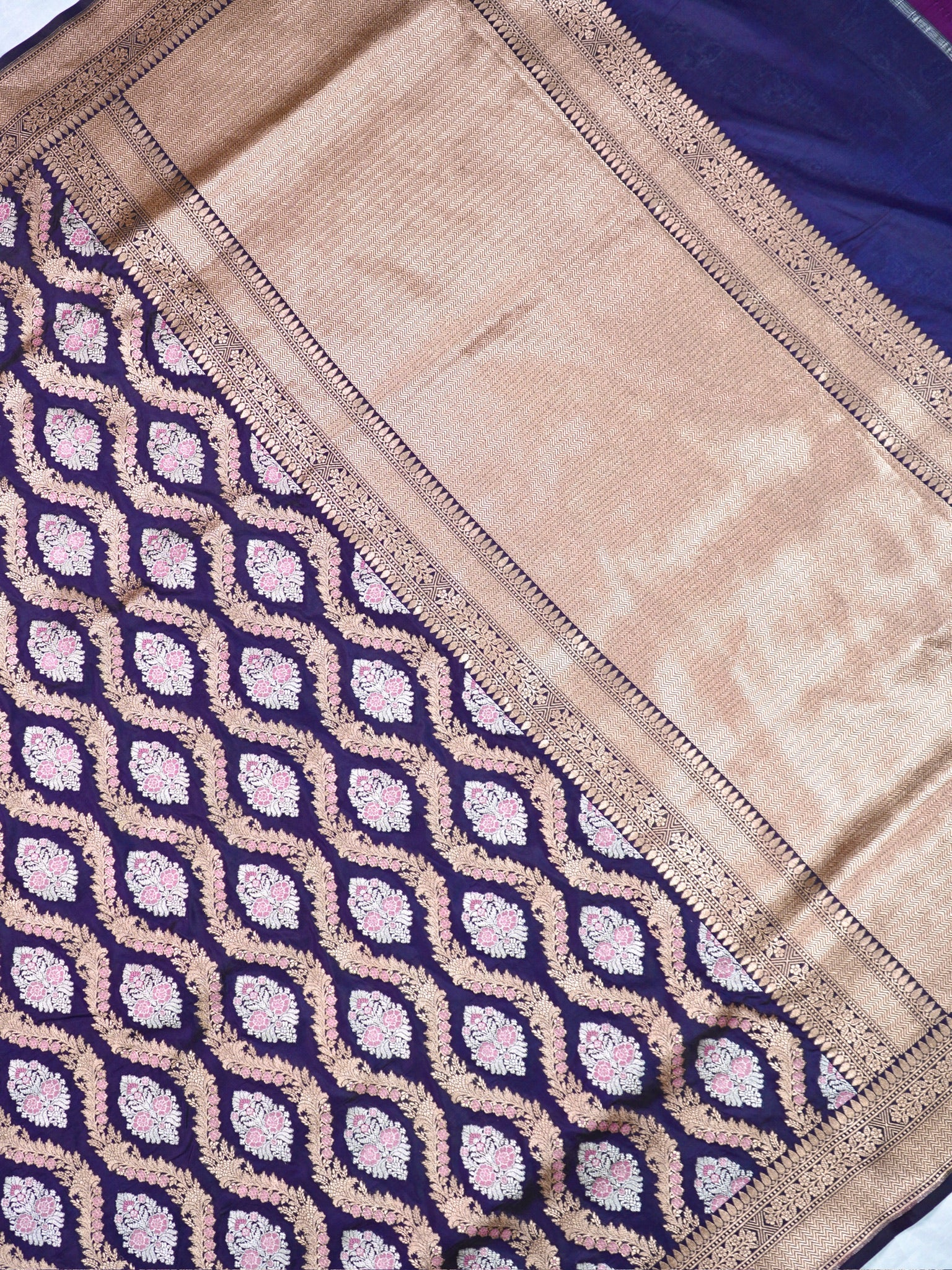 VIRASAT 211A: Pure Handloom Silk Sona Rupa Meenakari Jaal Saree Ink Blue