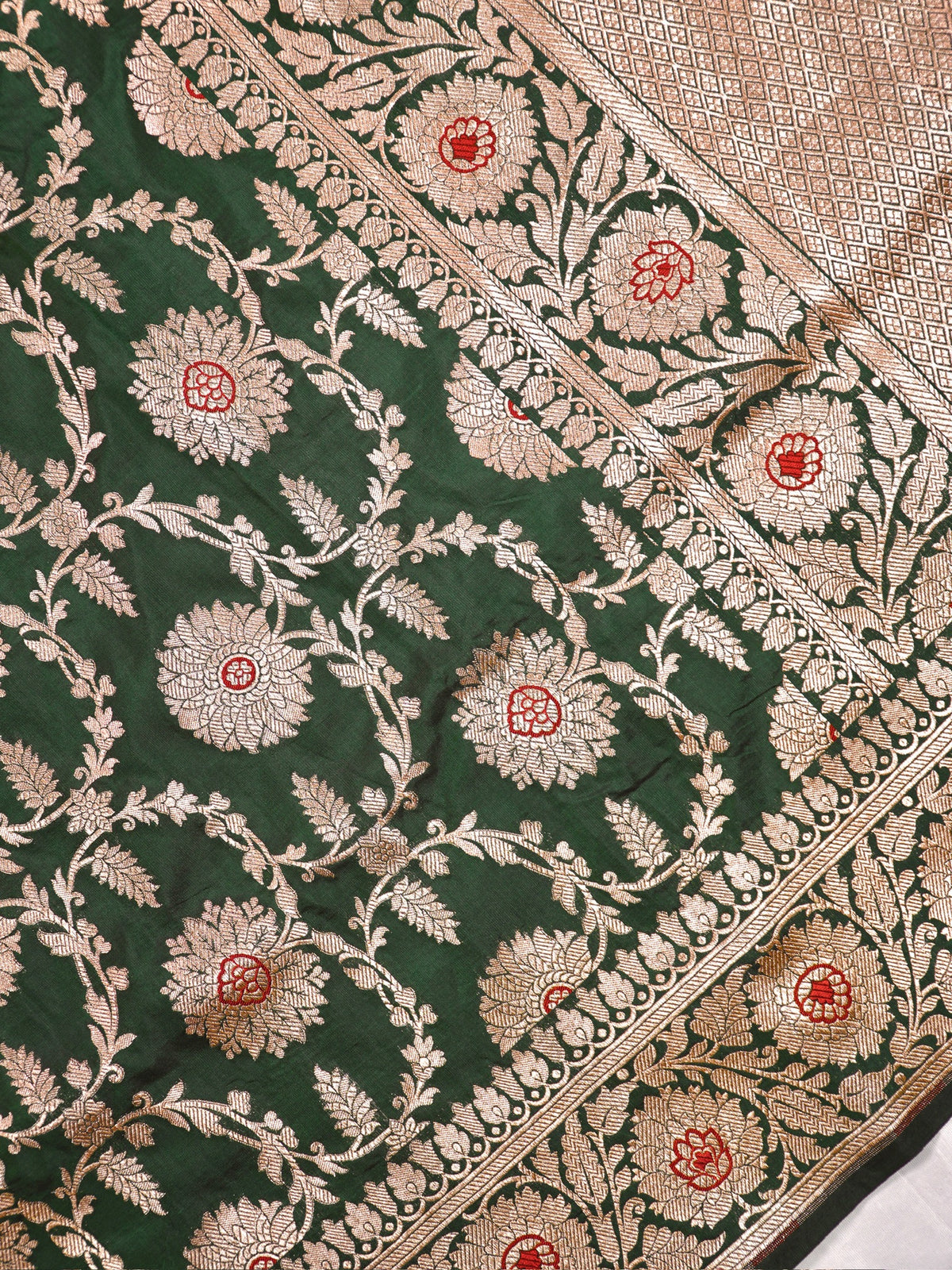 VIRASAT 161A: Bottle Green Pure Handloom Katan Silk Mughal Meenakari Floral Jaal Saree