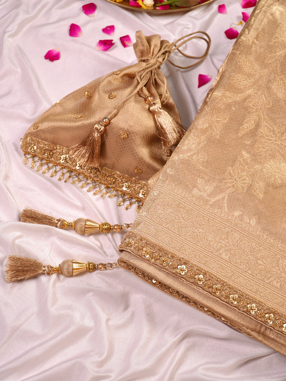 VIRASAT 1002: Gold Tissue Katan Silk Floral Zari Jaal Saree with Zardozi Border
