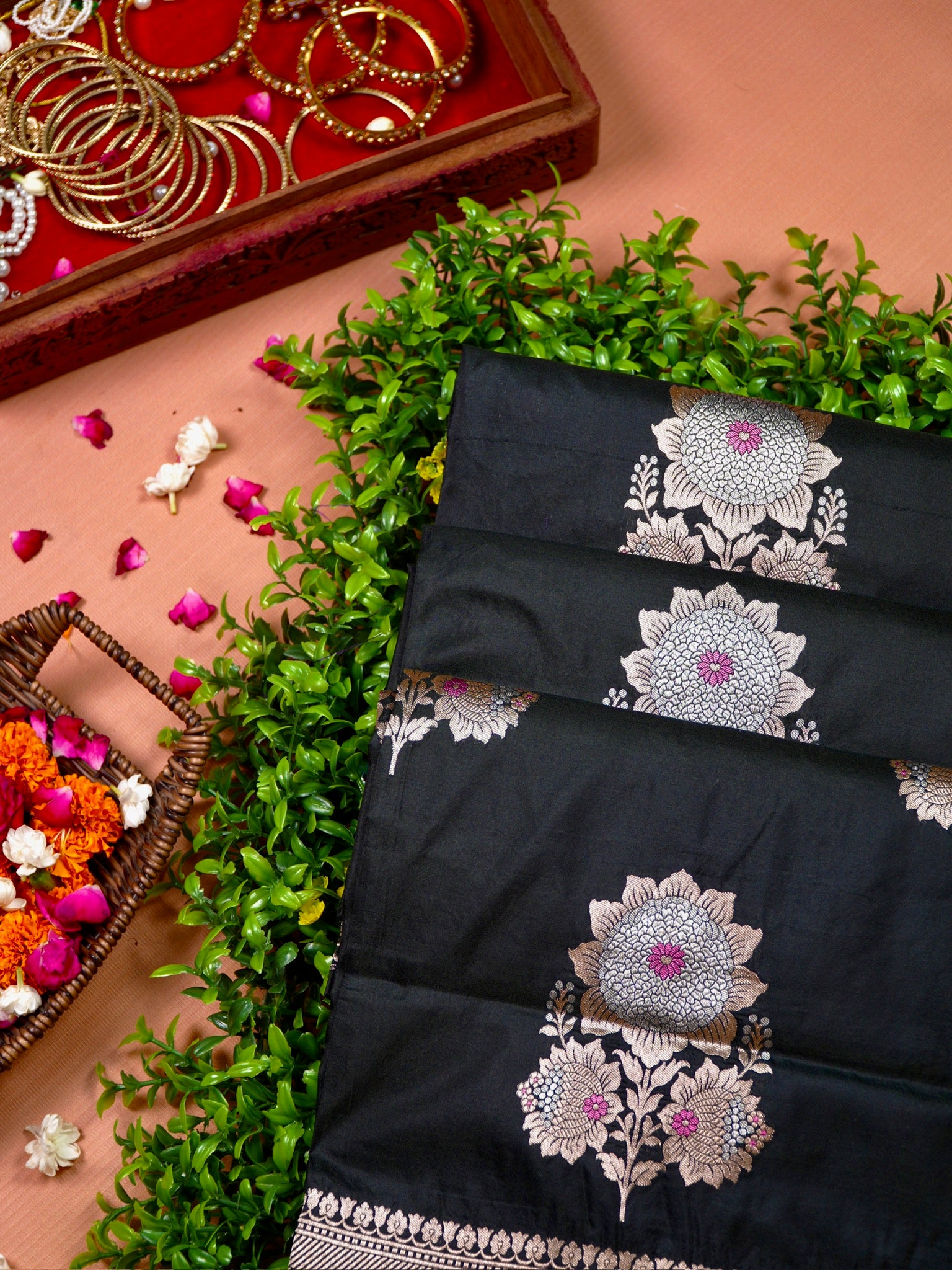 VIRASAT 408: Pure Black Handloom Katan Silk Saree with Sona Rupa Zari & Meenakari Border-Pallu (Silk Mark Certified)