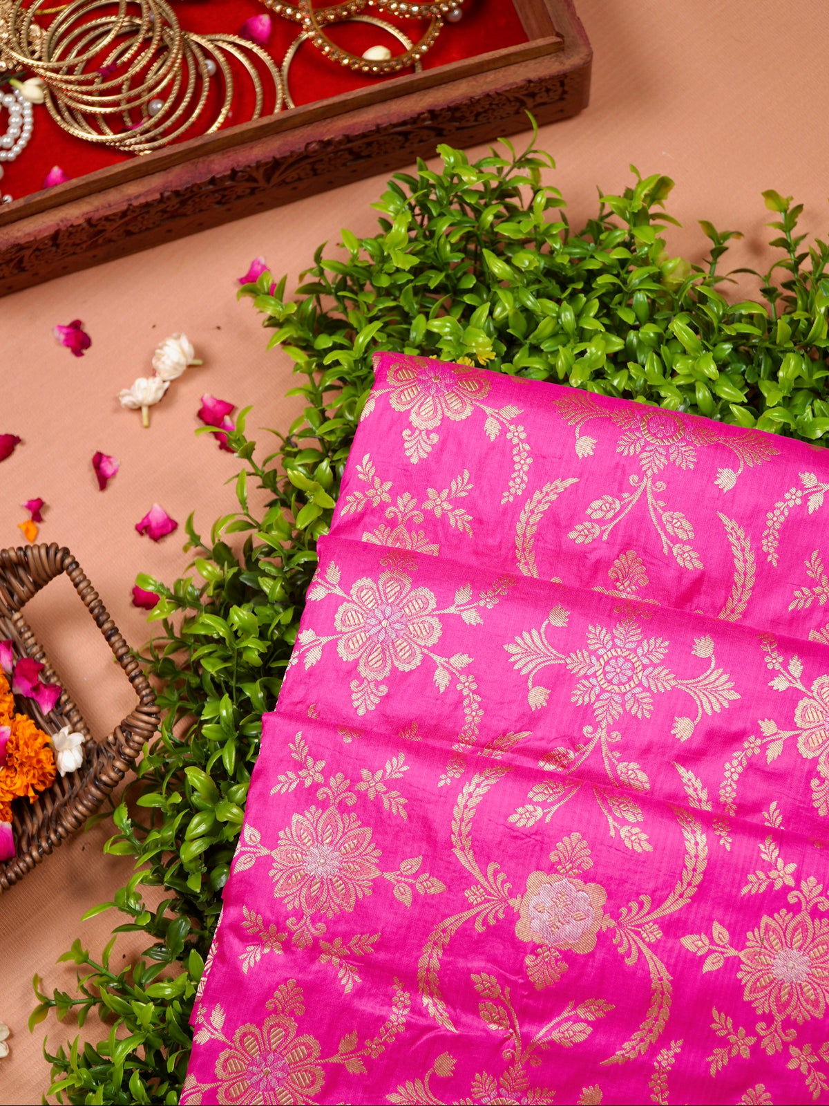 VIRASAT 433E: Bright Pink Pure Katan Silk Alfi Saree with Sona Rupa Zari Floral Jaal & Zari Border | Silk Mark Certified