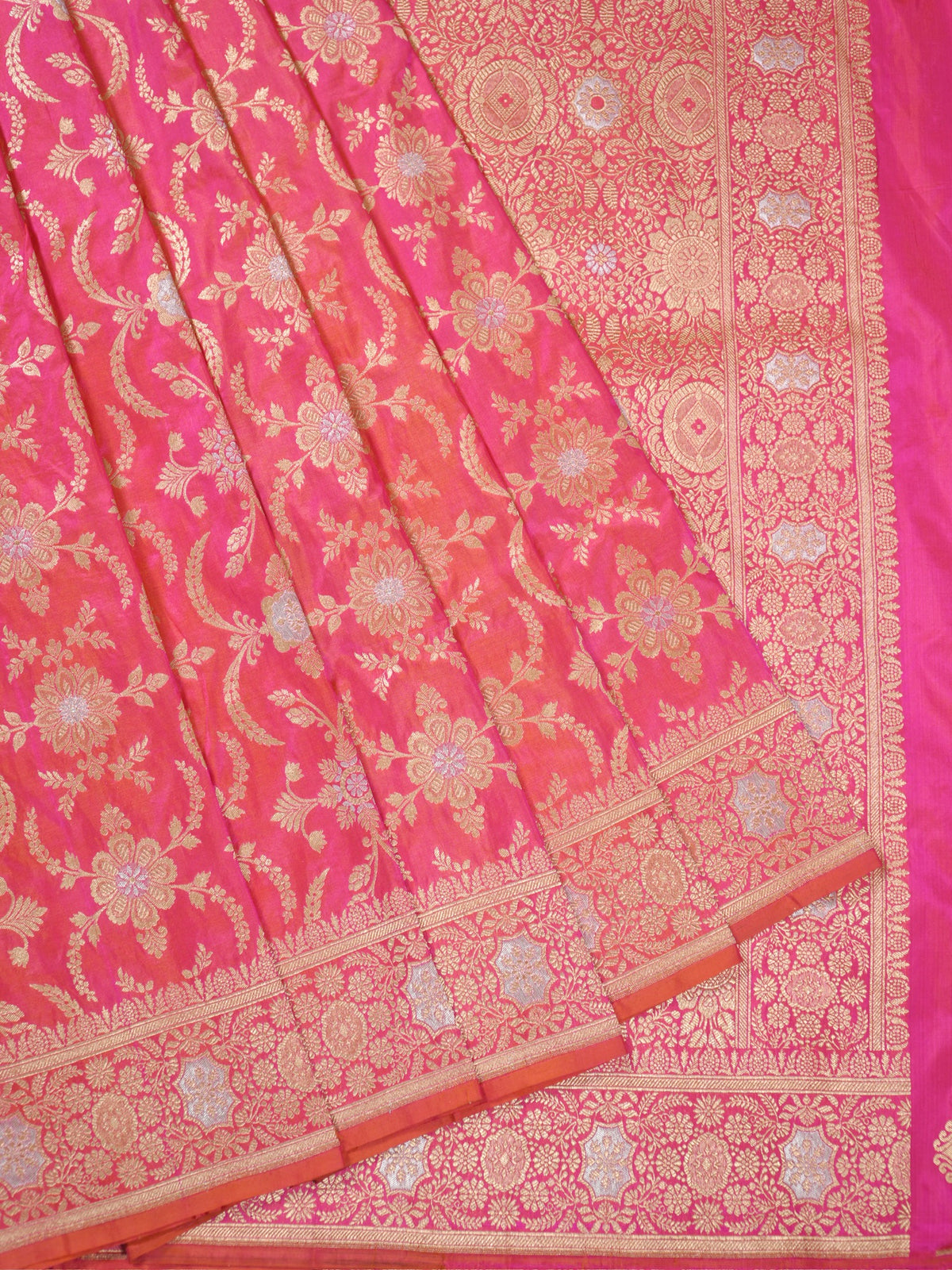 VIRASAT 433C: Gajari Pink Dual Tone Pure Katan Silk Alfi Saree with Sona Rupa Zari Floral Jaal & Zari Border | Silk Mark Certified