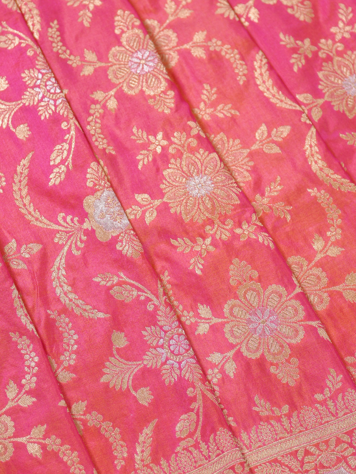 VIRASAT 433C: Gajari Pink Dual Tone Pure Katan Silk Alfi Saree with Sona Rupa Zari Floral Jaal & Zari Border | Silk Mark Certified