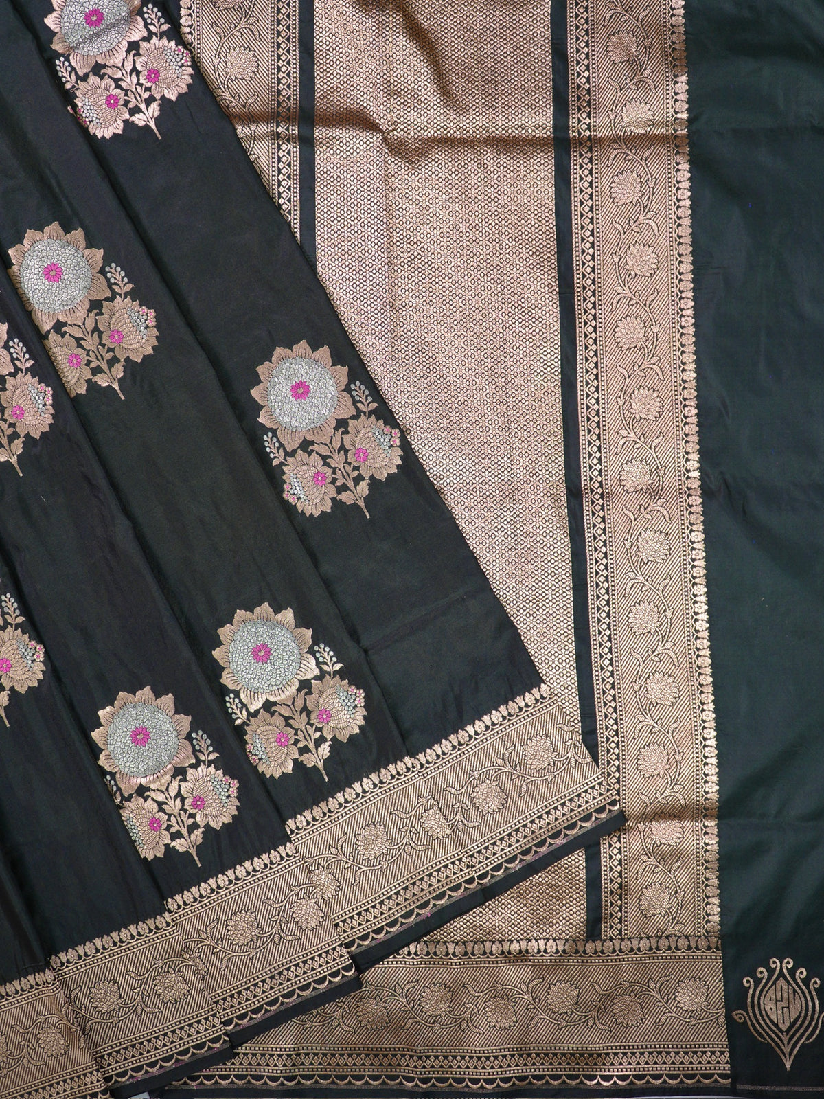 VIRASAT 408: Pure Black Handloom Katan Silk Saree with Sona Rupa Zari & Meenakari Border-Pallu (Silk Mark Certified)