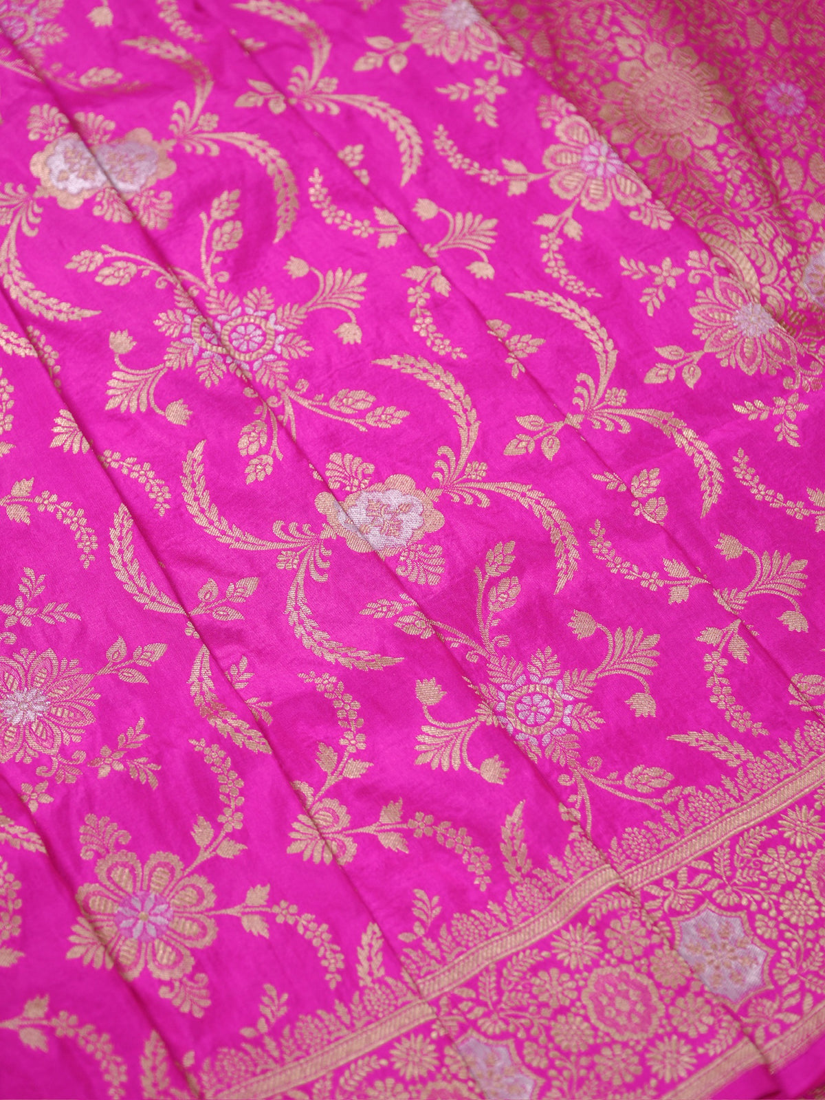 VIRASAT 433E: Bright Pink Pure Katan Silk Alfi Saree with Sona Rupa Zari Floral Jaal & Zari Border | Silk Mark Certified