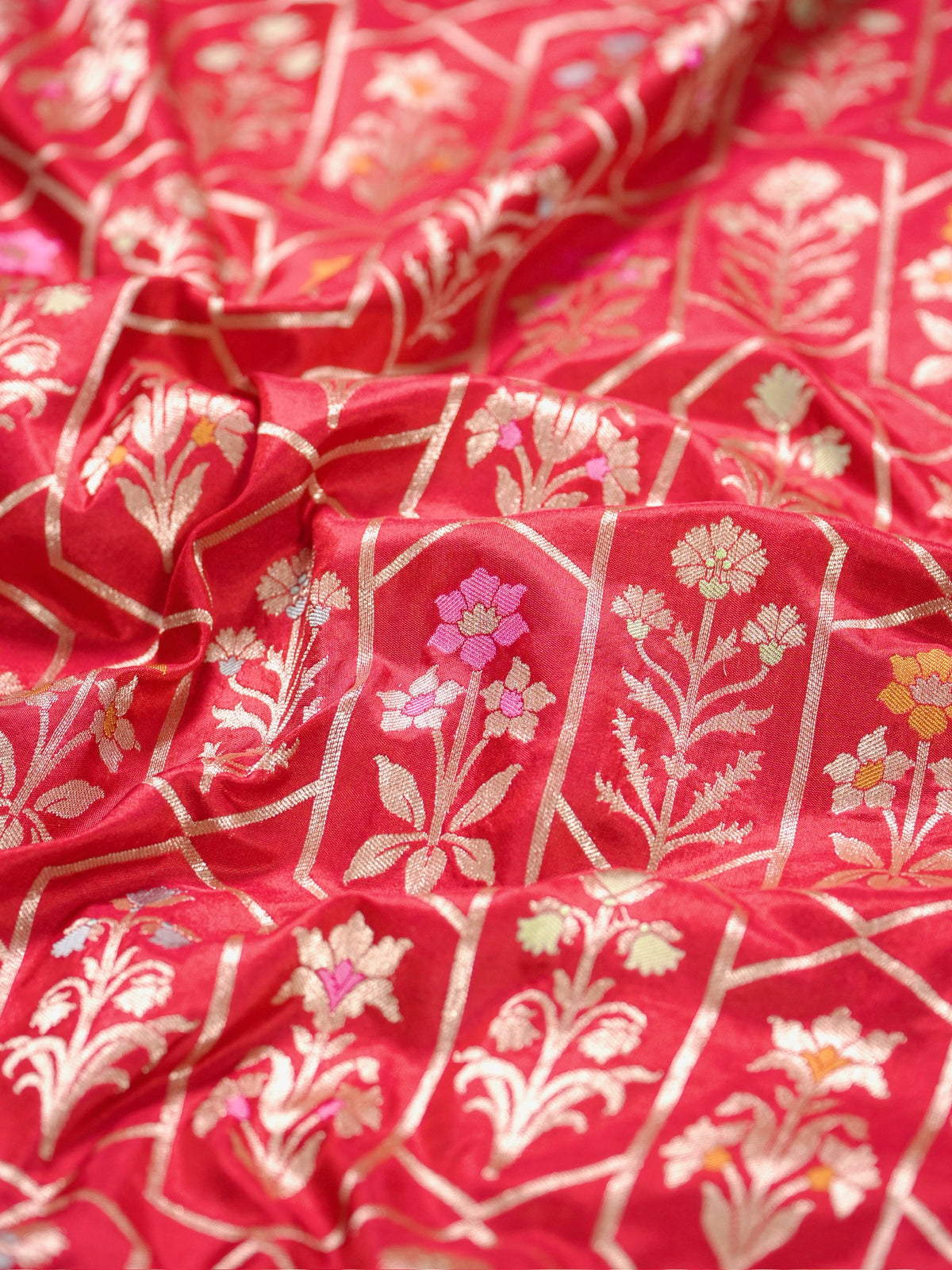 VIRASAT 410: Scarlet Red Pure Handloom Katan Silk Saree with All-Over Zari & Meenakari Border-Pallu (Silk Mark Certified)