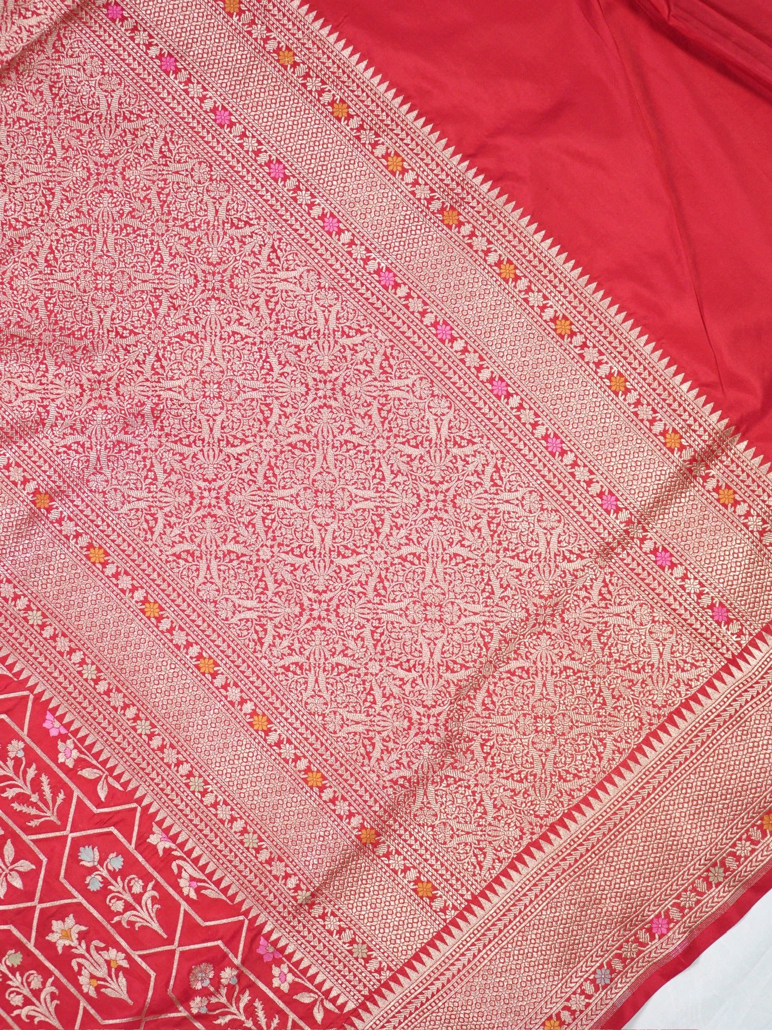 VIRASAT 410: Scarlet Red Pure Handloom Katan Silk Saree with All-Over Zari & Meenakari Border-Pallu (Silk Mark Certified)