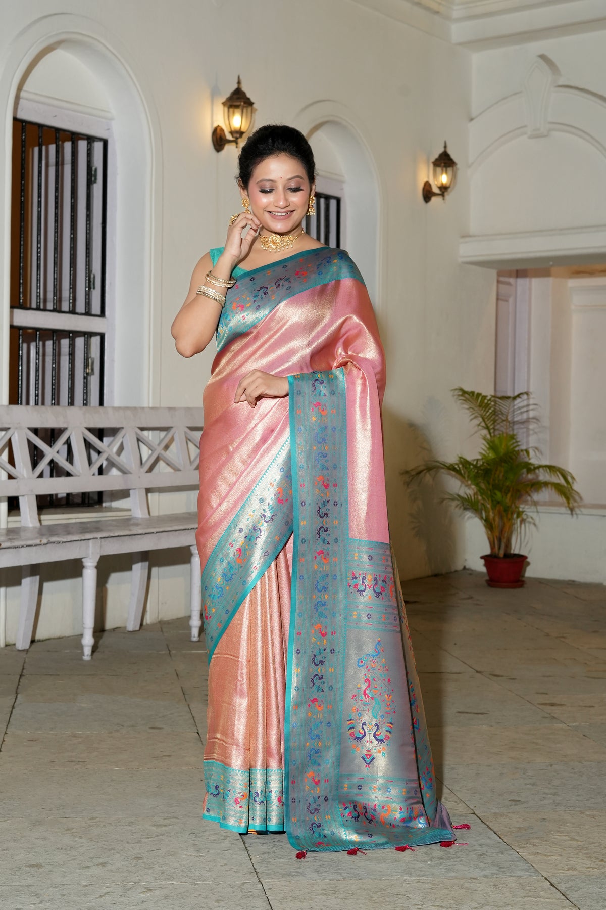 UTSAV BANARAS 540: Blush Pink & Green Tissue Silk Saree with Paithani Border