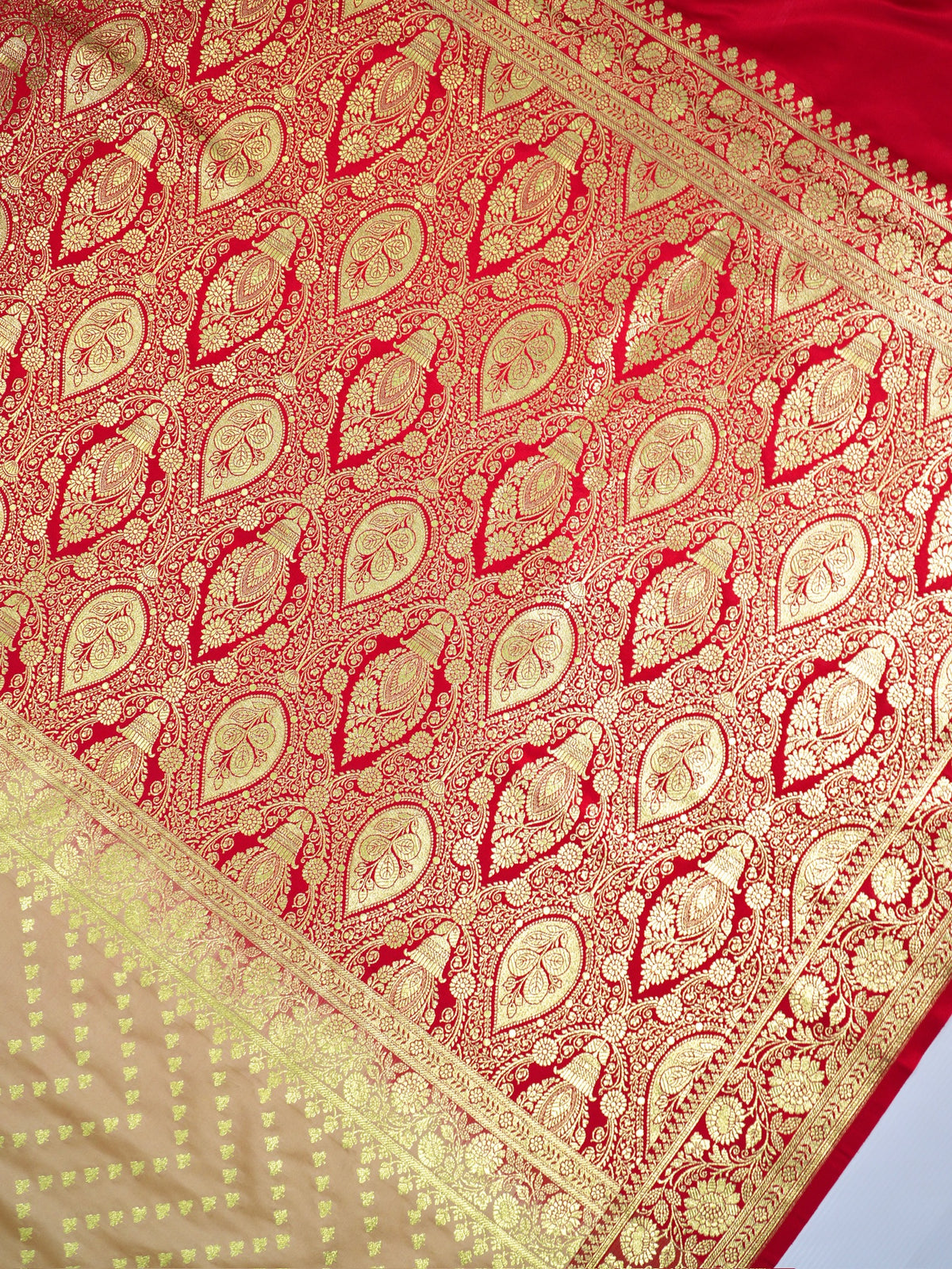 Waah Banaras173D: Royal Beige Satin Silk Banarasi Saree with Zig-Zag Buti & Contrast Pallu