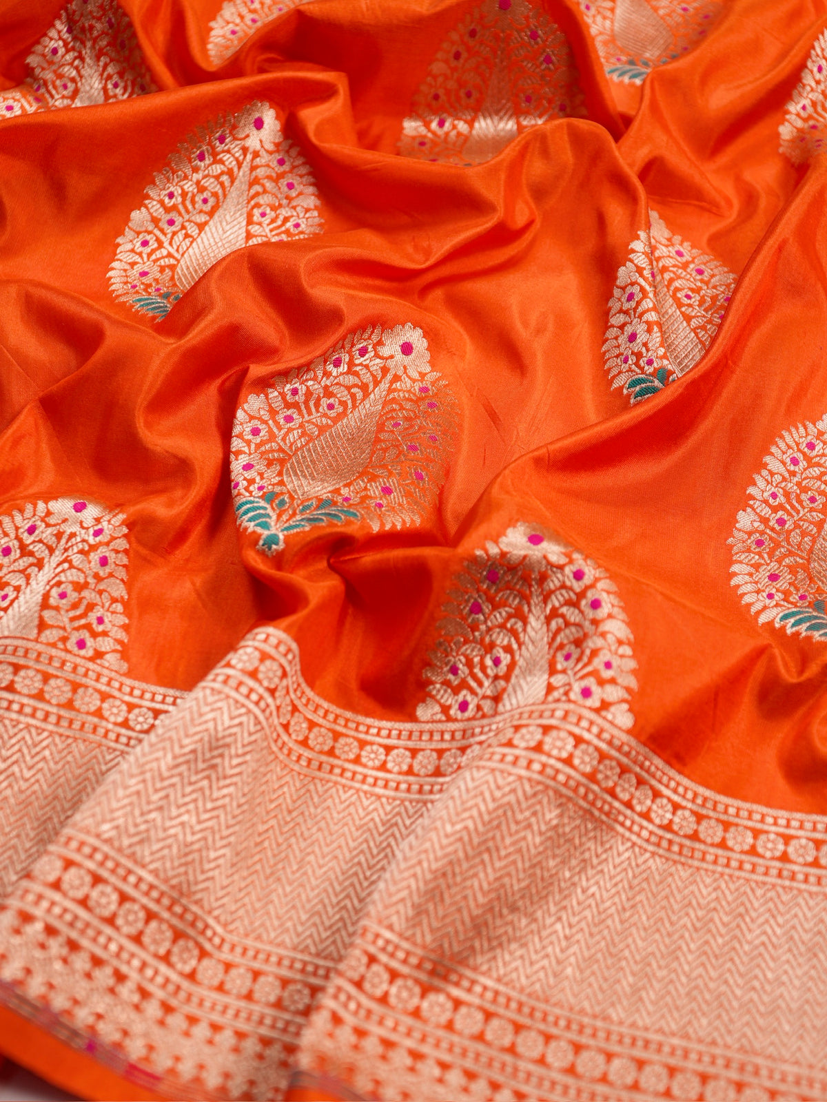 VIRASAT 03C: Sunhara Orange Pure Handloom Katan Silk Meenakari Celebrity Inspired Abeer Buta Saree