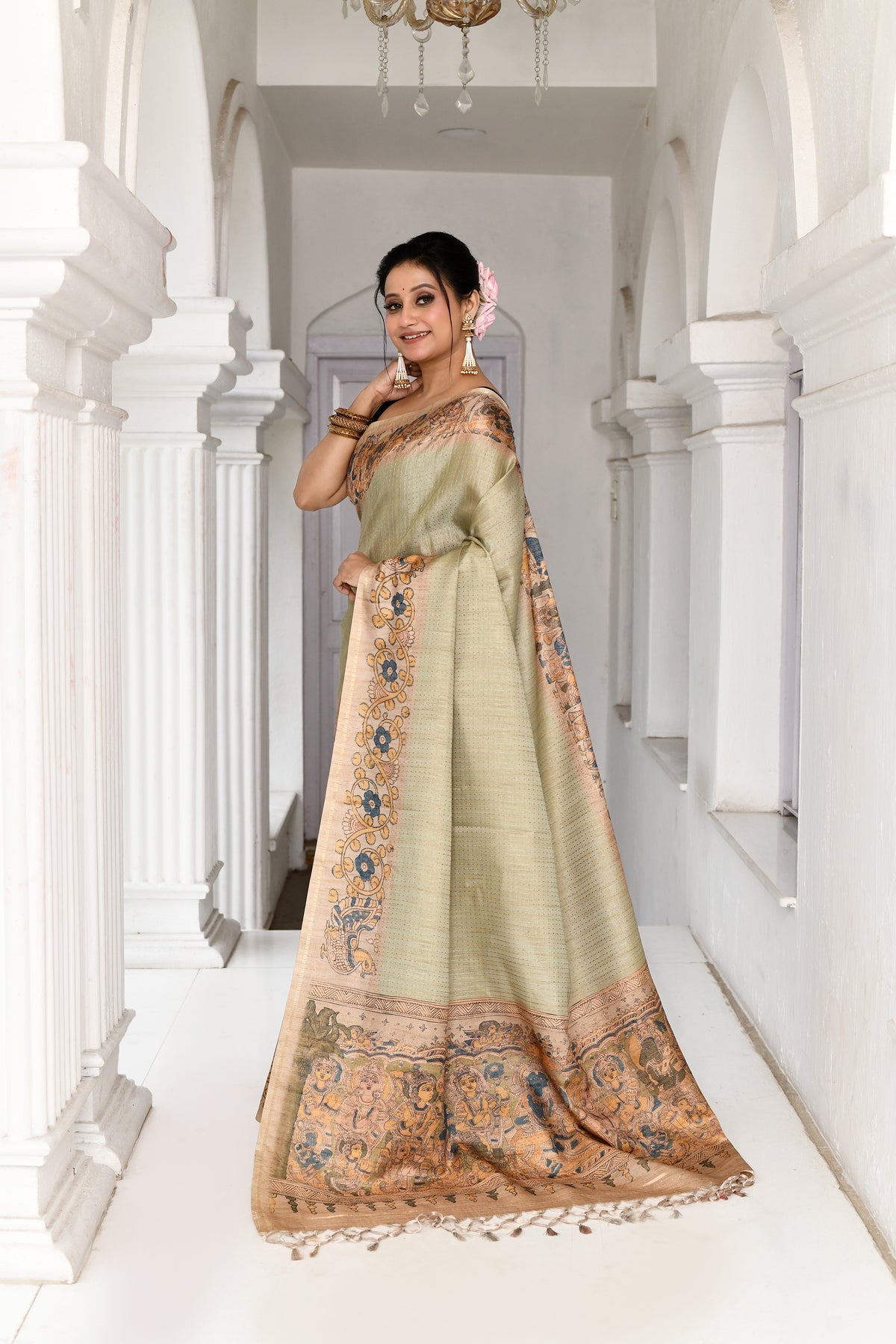 UTSAV BANARAS 551: Pista Green Tusser Silk Saree with Kalamkari Artistic Border & Palla