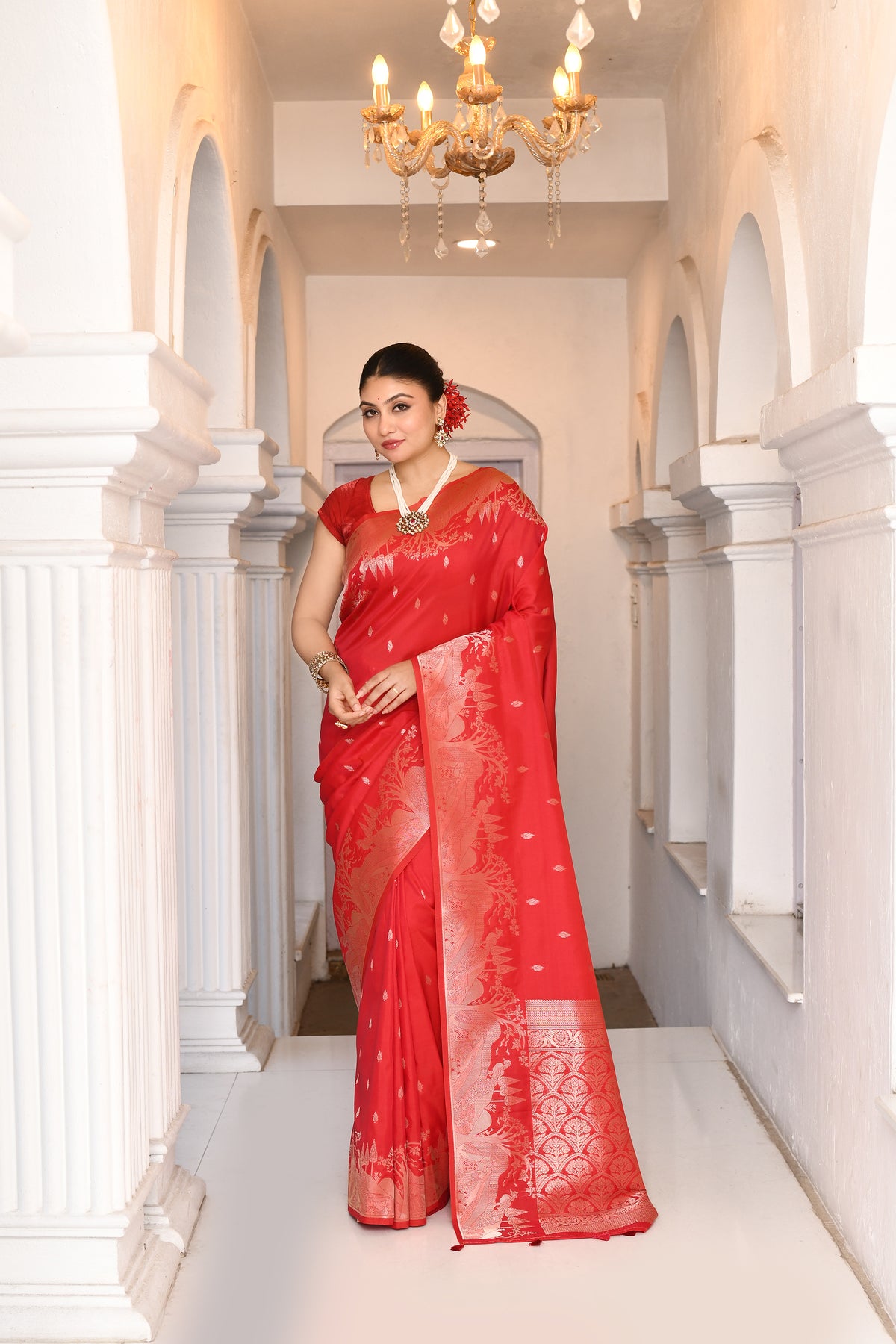 UTSAV BANARAS 539: Sunahara Red Soft Semi Silk Saree with Intricate Zari Floral Work