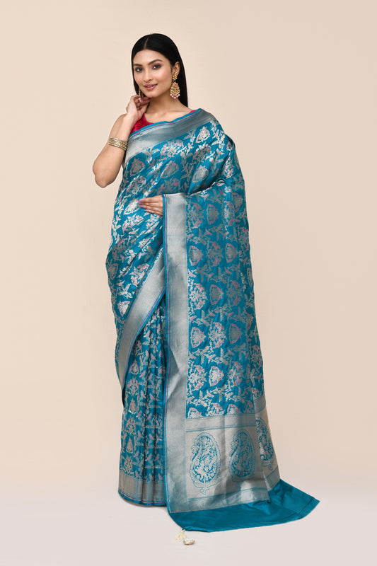 'VIRASAT 176' Peacock Blue Pure Upada Sikarga Silk Banarasi Saree