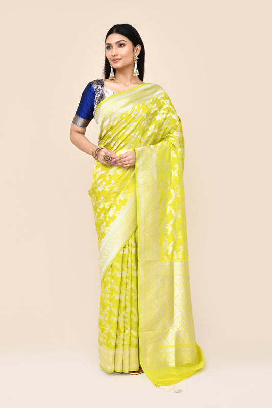 "SILK BANARAS 057" Lemon Pure Banarasi Katan Uppada Saree