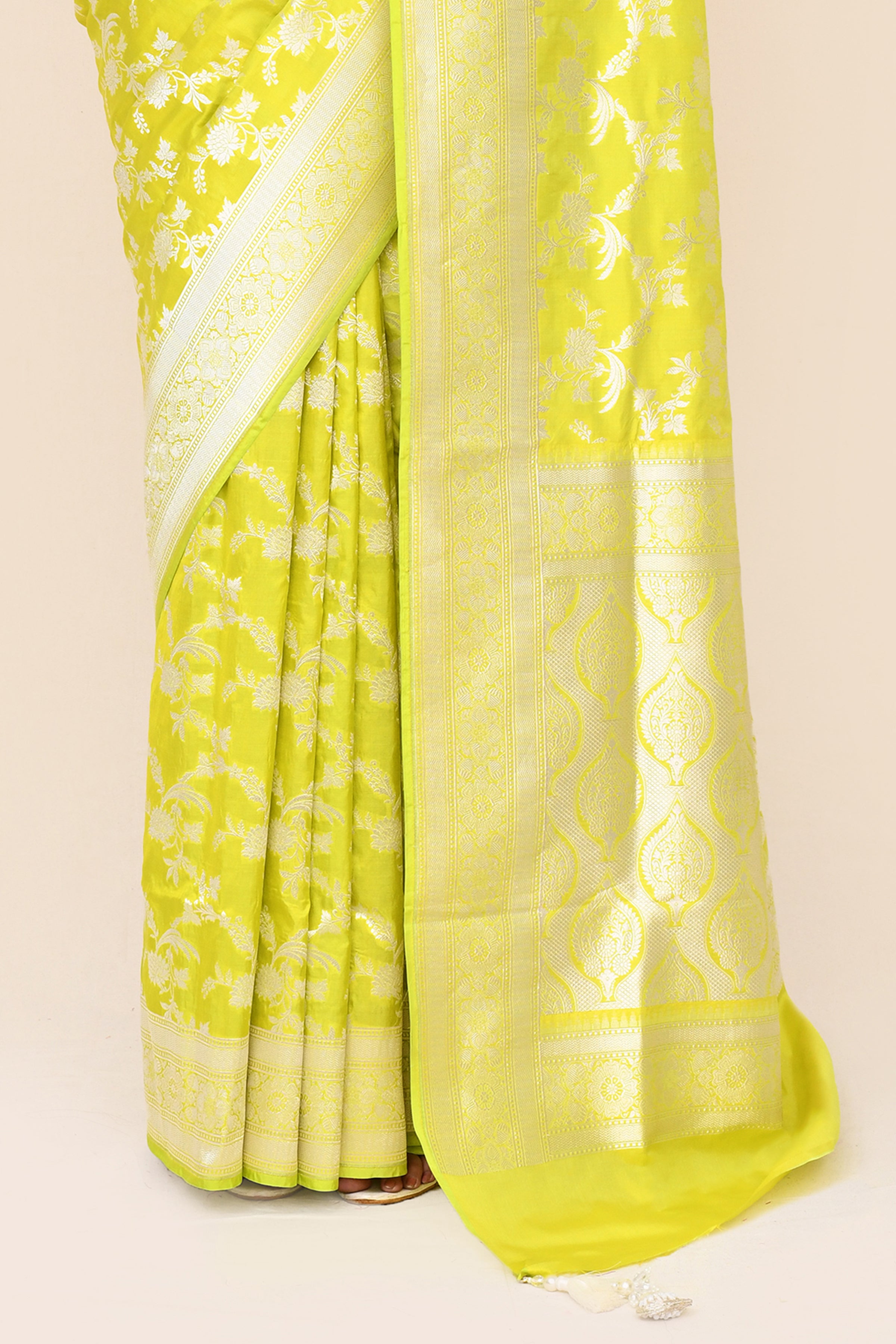 "SILK BANARAS 057" Lemon Pure Banarasi Katan Uppada Saree