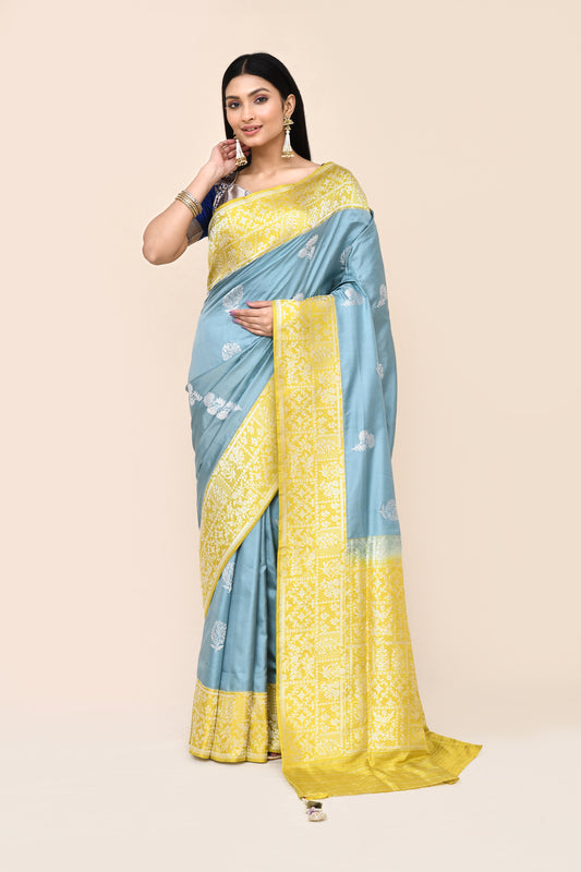 "VIRASAT 180" Light Blue Pure Banarasi Katan Kadwa Handloom Saree