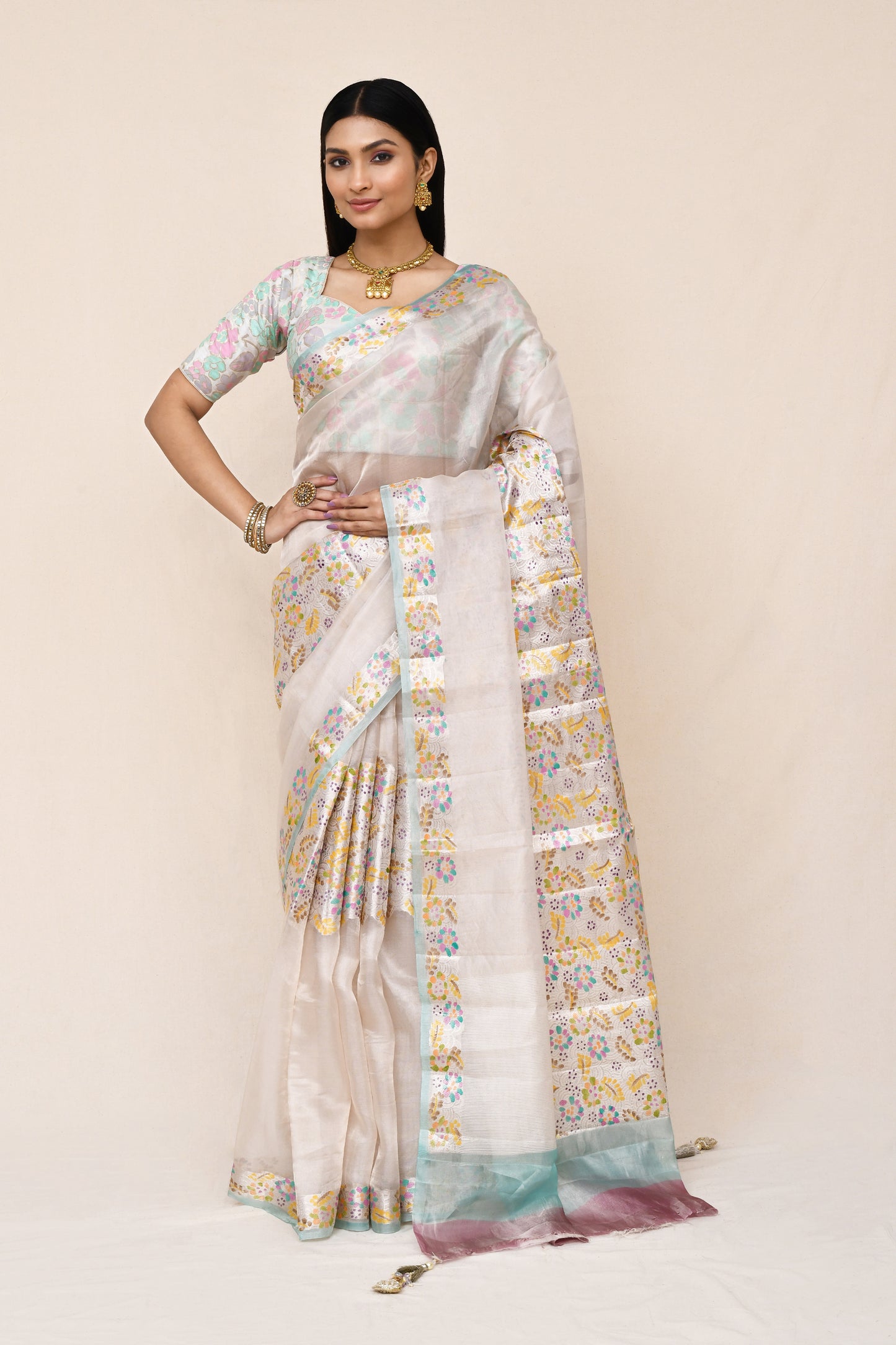 "SILK BANARAS 074" Pure Tissue Silk Center Design Saree