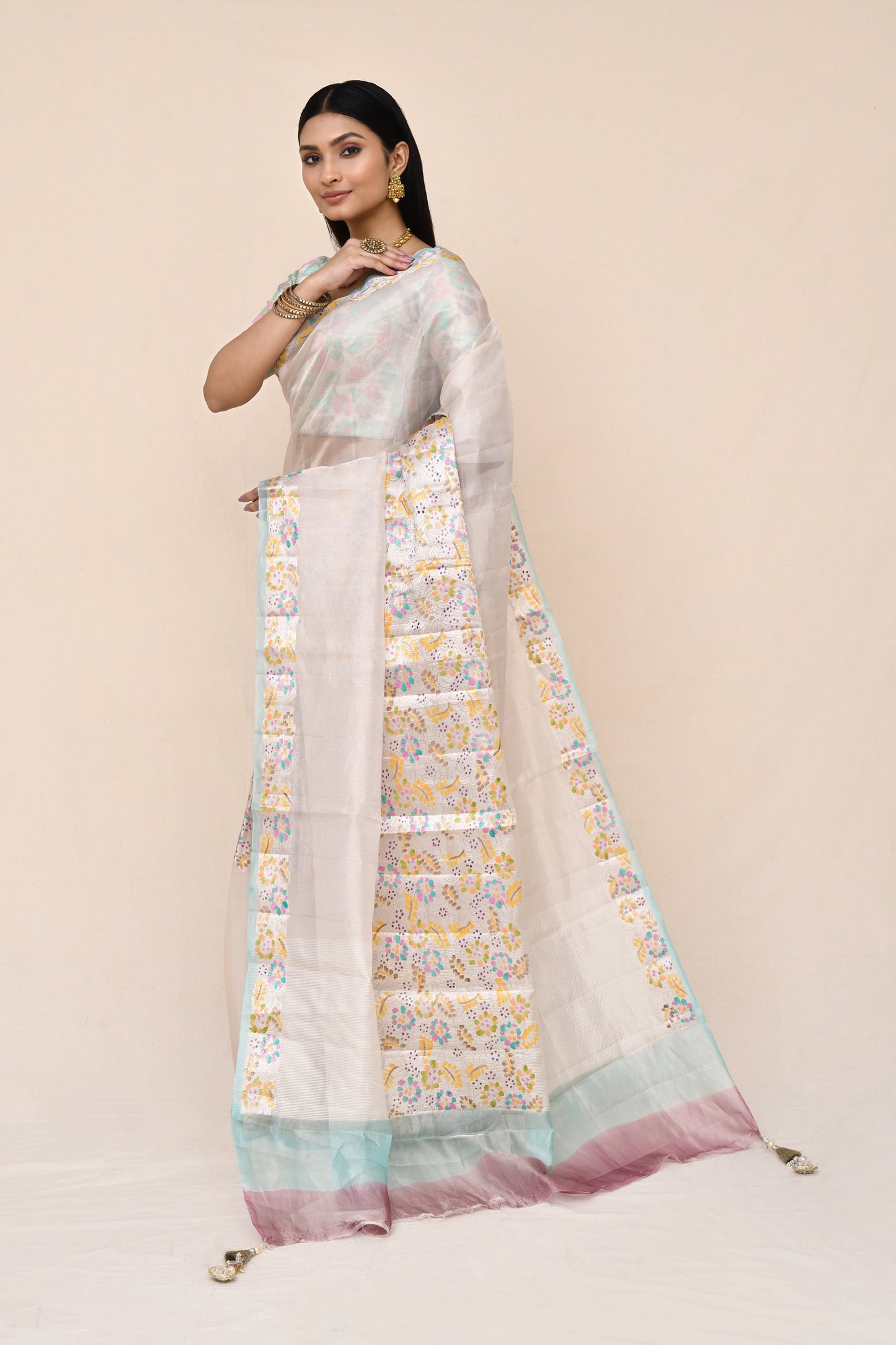 "SILK BANARAS 074" Pure Tissue Silk Center Design Saree