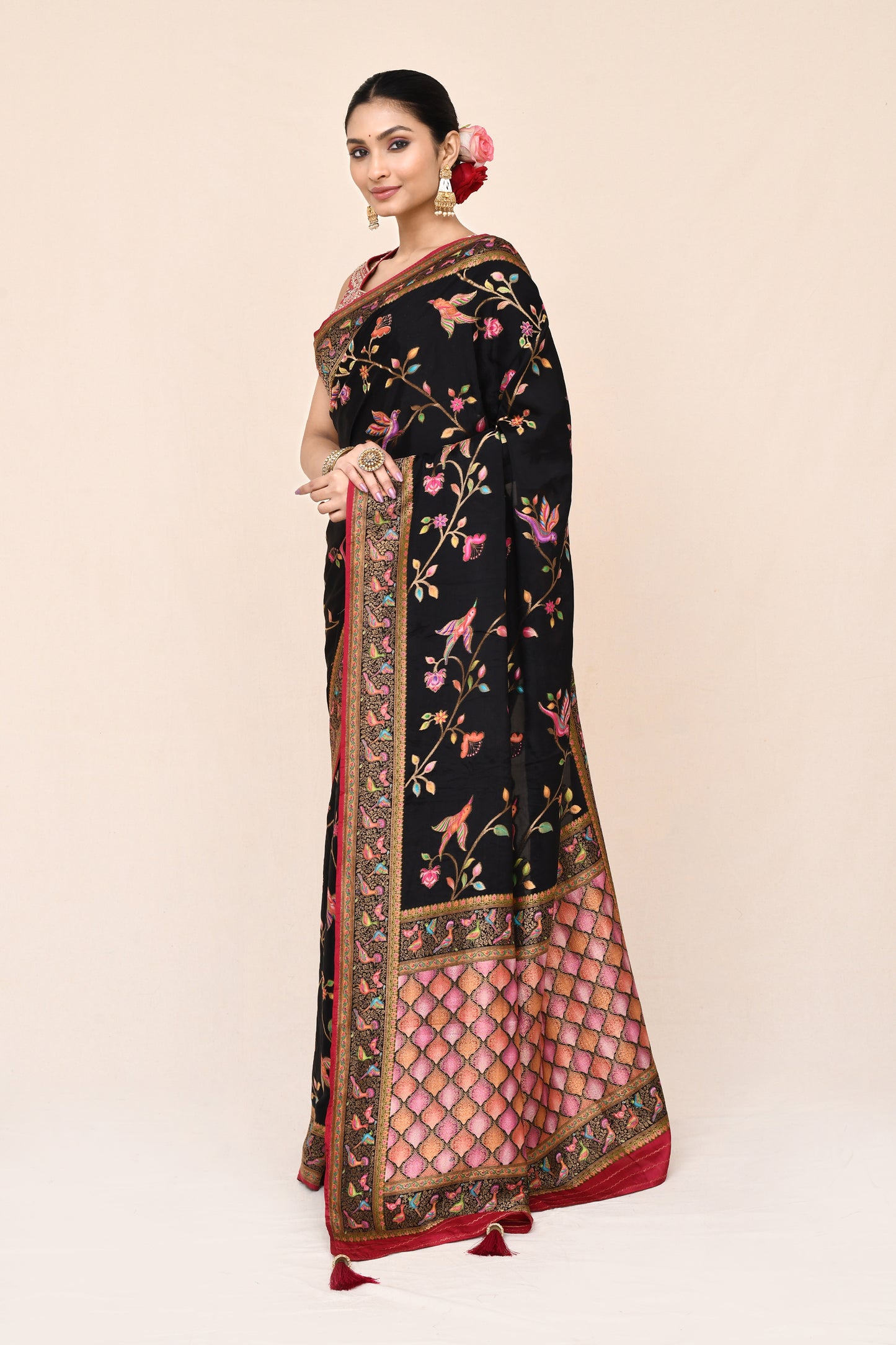 "WAAH BANARAS 023" Black Banarasi Kalamkari Saree