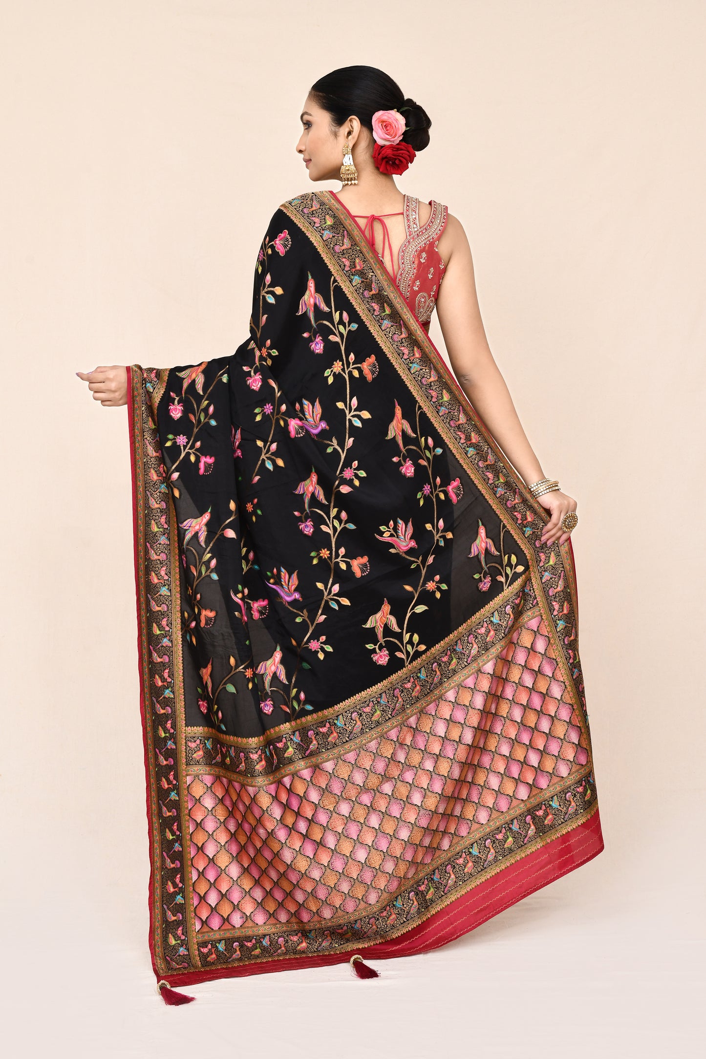 "WAAH BANARAS 023" Black Banarasi Kalamkari Saree