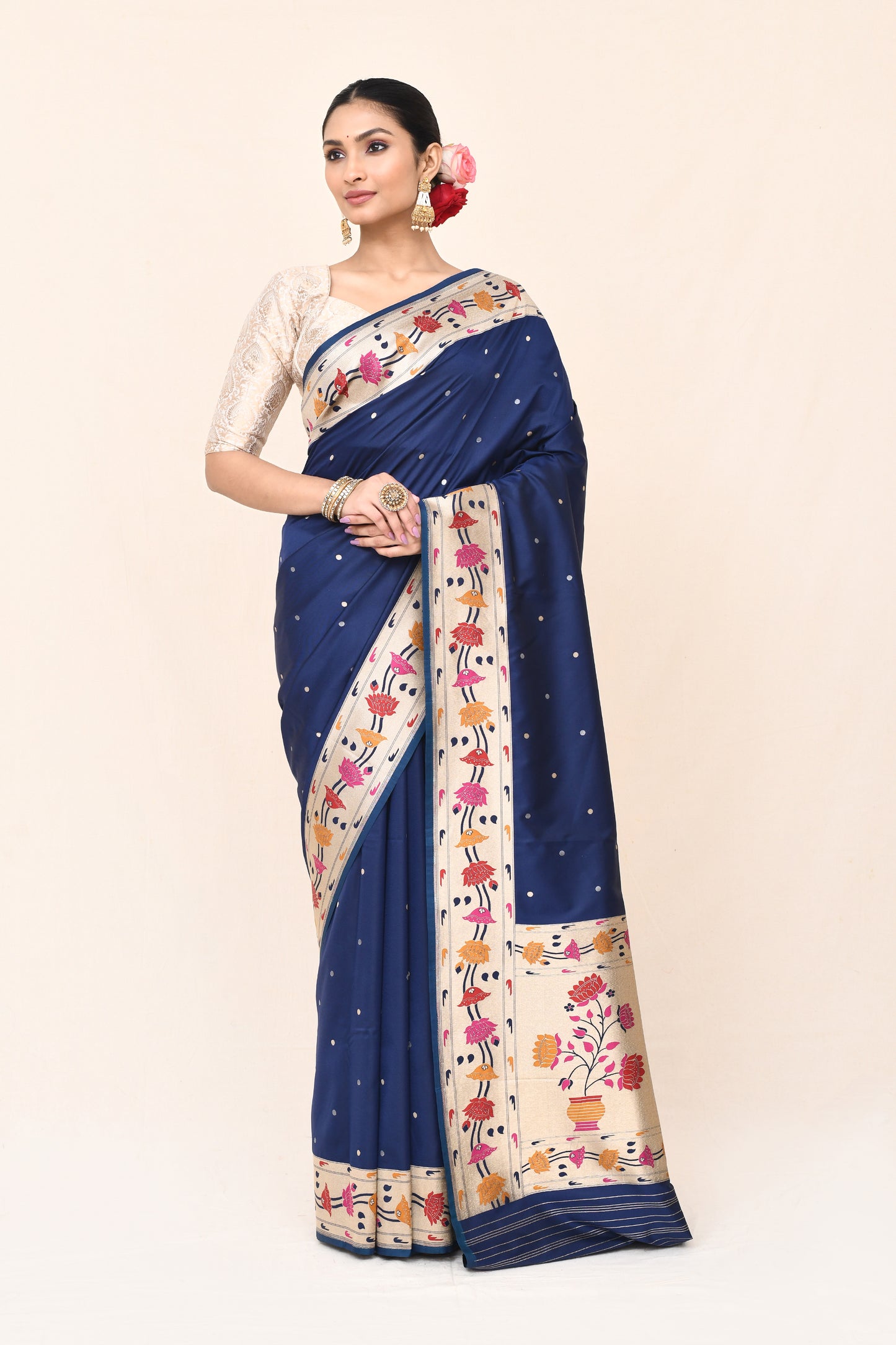 "WAAH BANARAS 029" Navy Blue Banarasi Silk Katan Paithani Border Pallu Saree