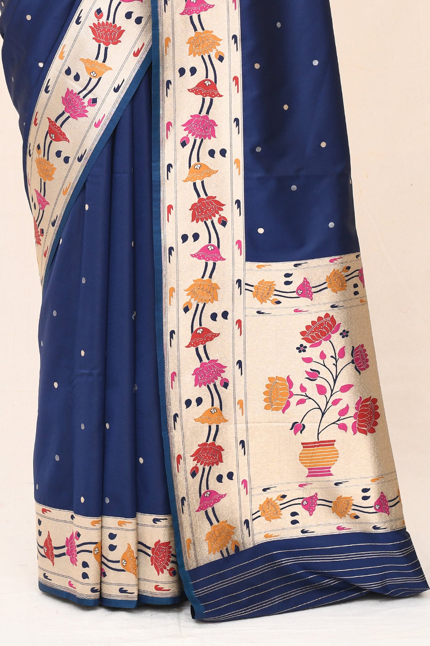 "WAAH BANARAS 029" Navy Blue Banarasi Silk Katan Paithani Border Pallu Saree