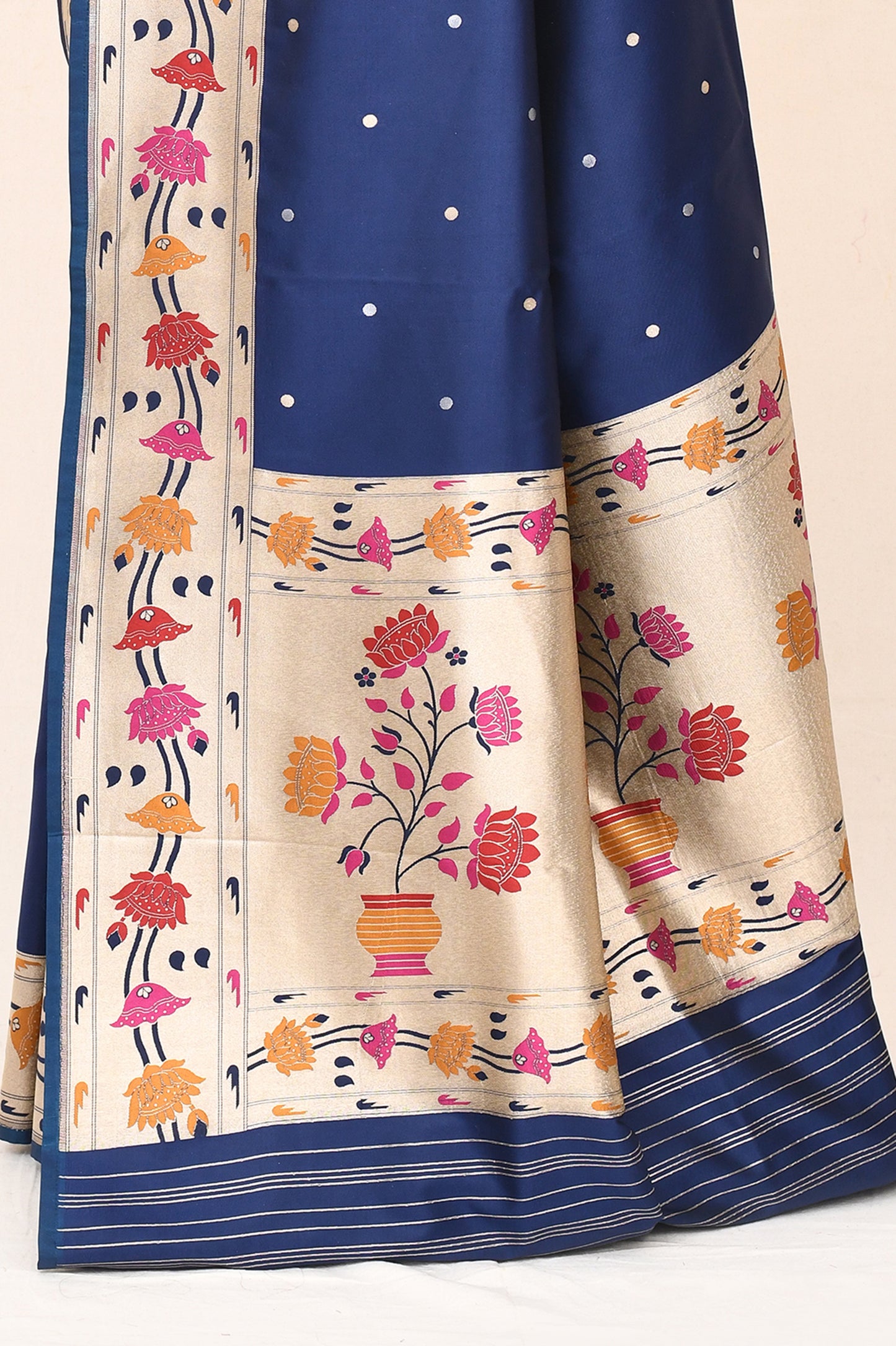 "WAAH BANARAS 029" Navy Blue Banarasi Silk Katan Paithani Border Pallu Saree