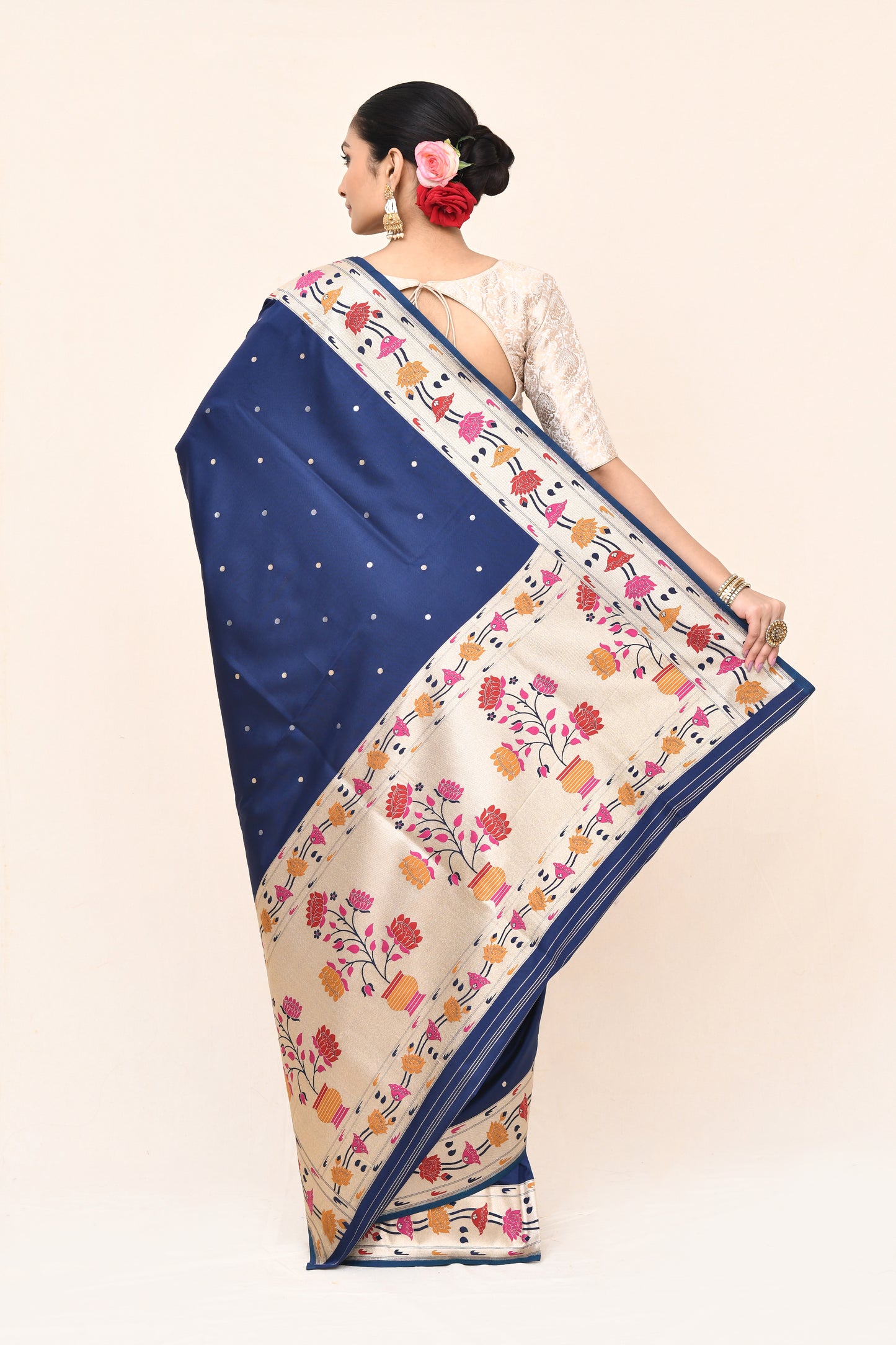 "WAAH BANARAS 029" Navy Blue Banarasi Silk Katan Paithani Border Pallu Saree