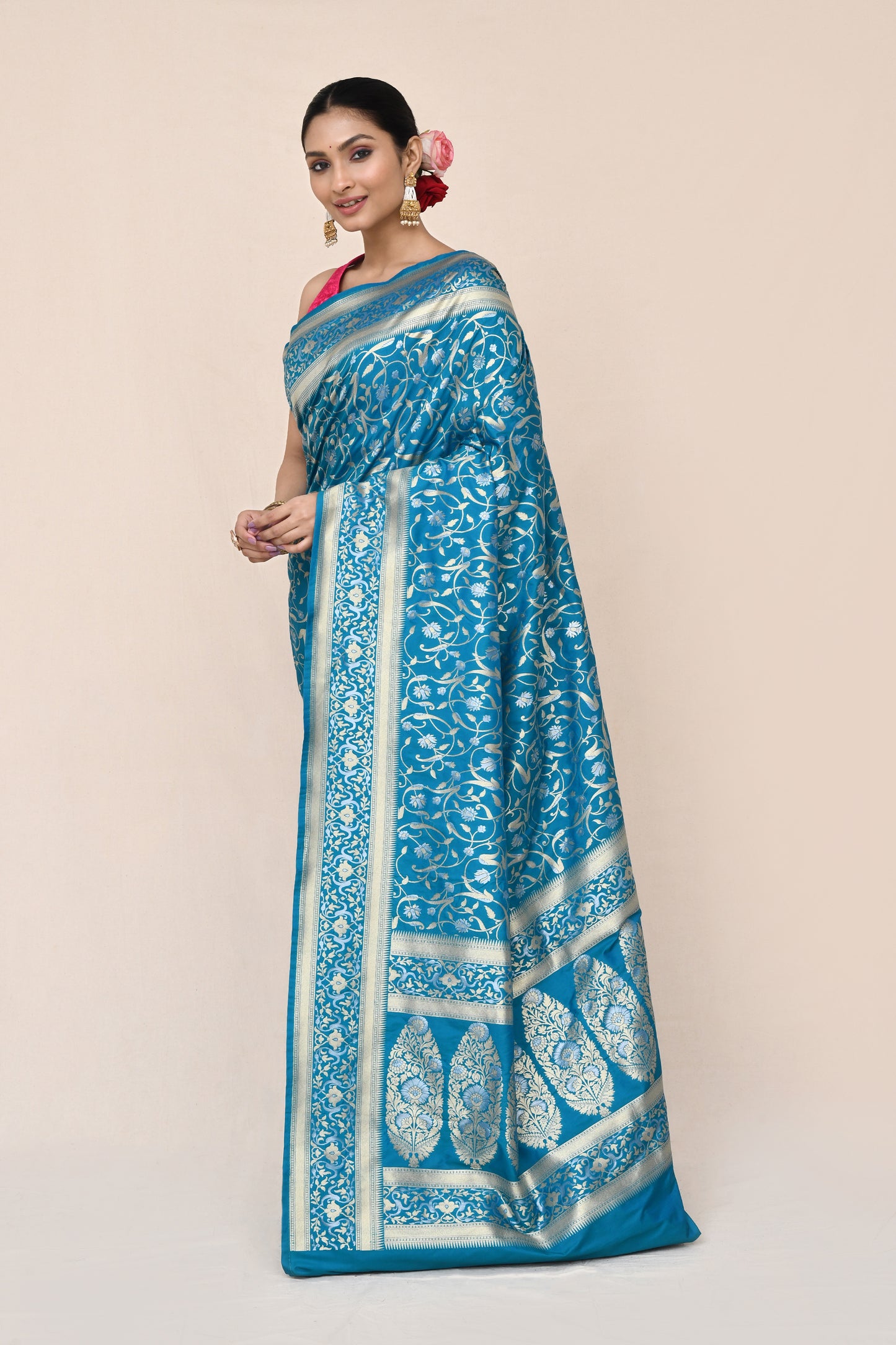 "WAAH BANARAS 041" Capri Blue Banarasi Silk Katan Saree