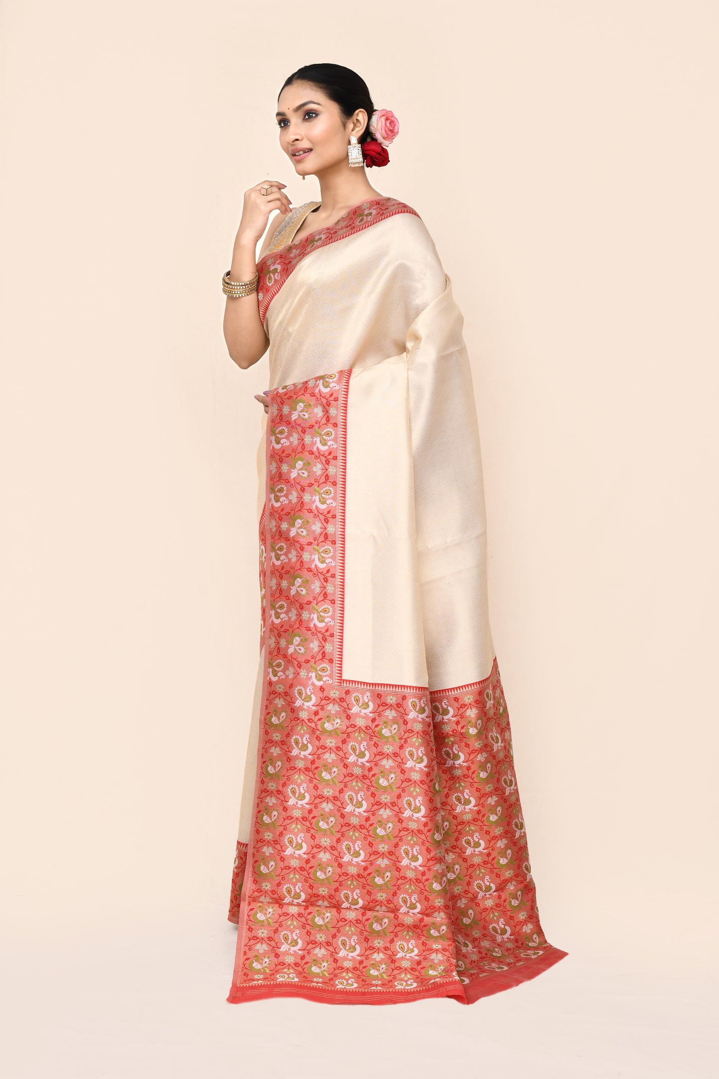 "Tantrip" Cream Banarasi Tanchoi Silk Saree