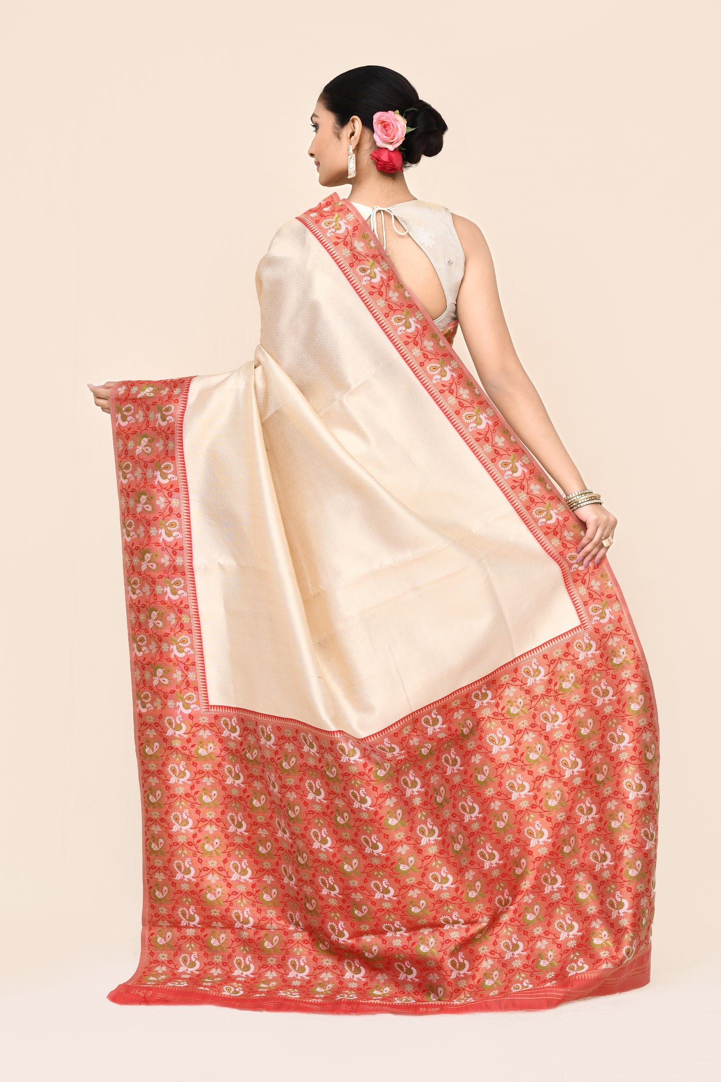 "Tantrip" Cream Banarasi Tanchoi Silk Saree