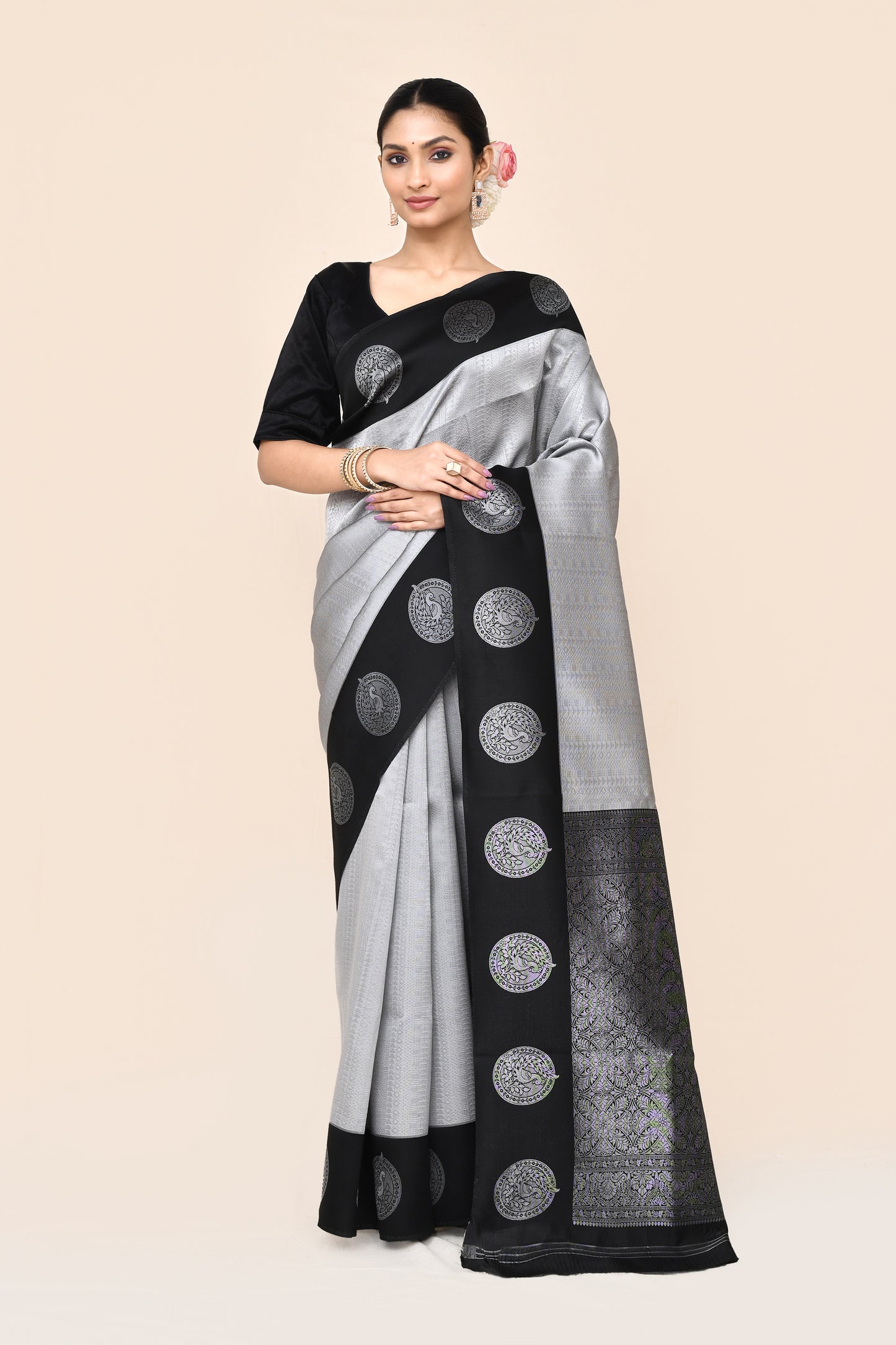 Bhavanes Grey Tanchoi Banarasi Silk Saree