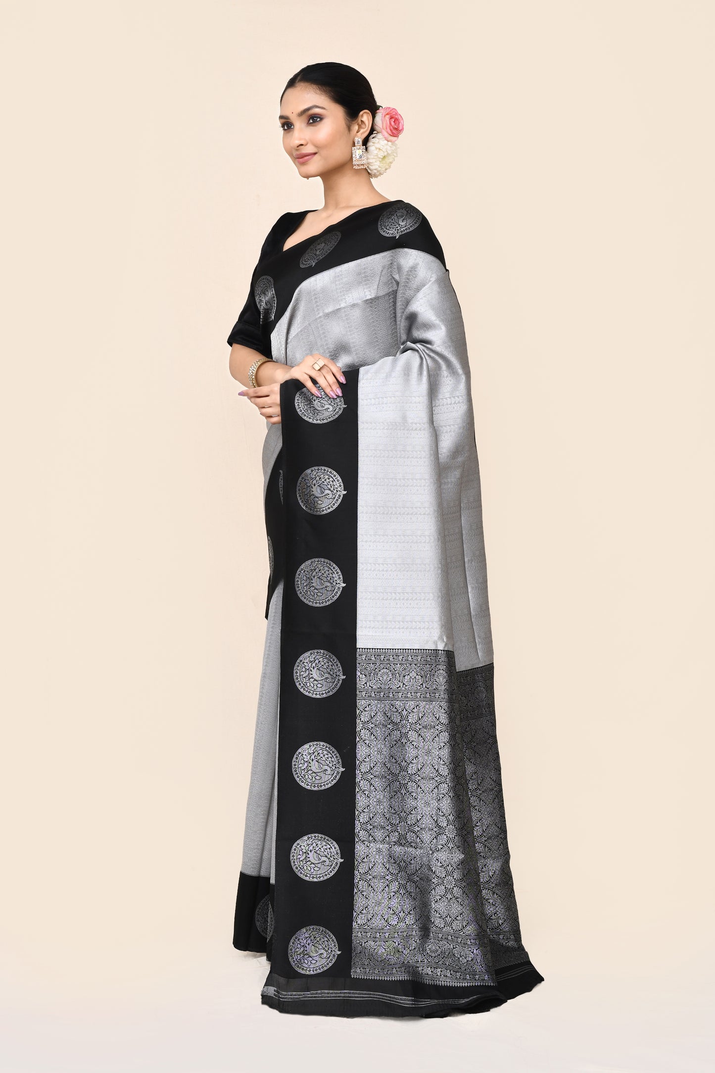 Bhavanes Grey Tanchoi Banarasi Silk Saree