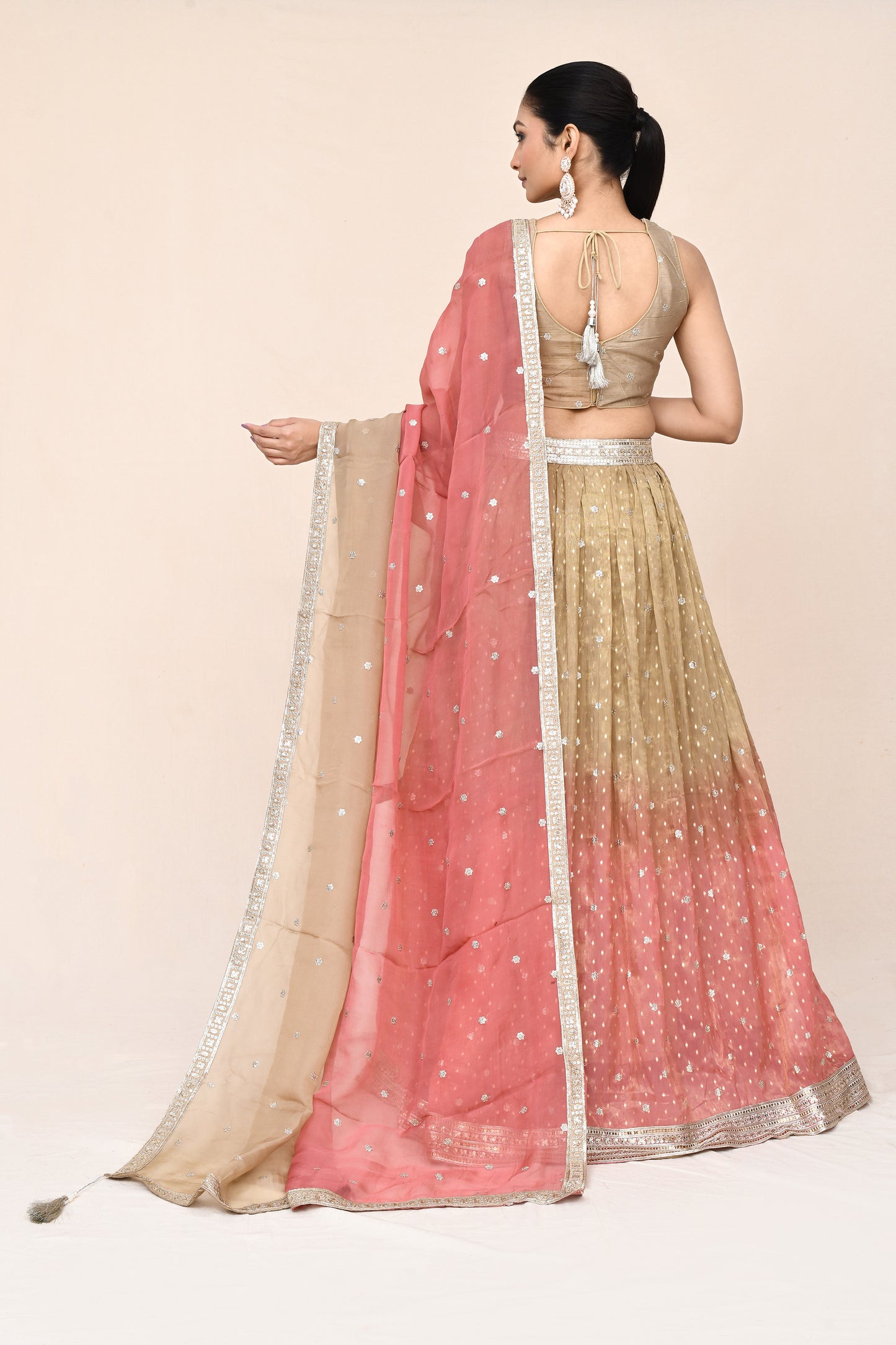 "Kancha" Beige & Pink Colored Designer Banarasi Lehenga With Stitched Blouse