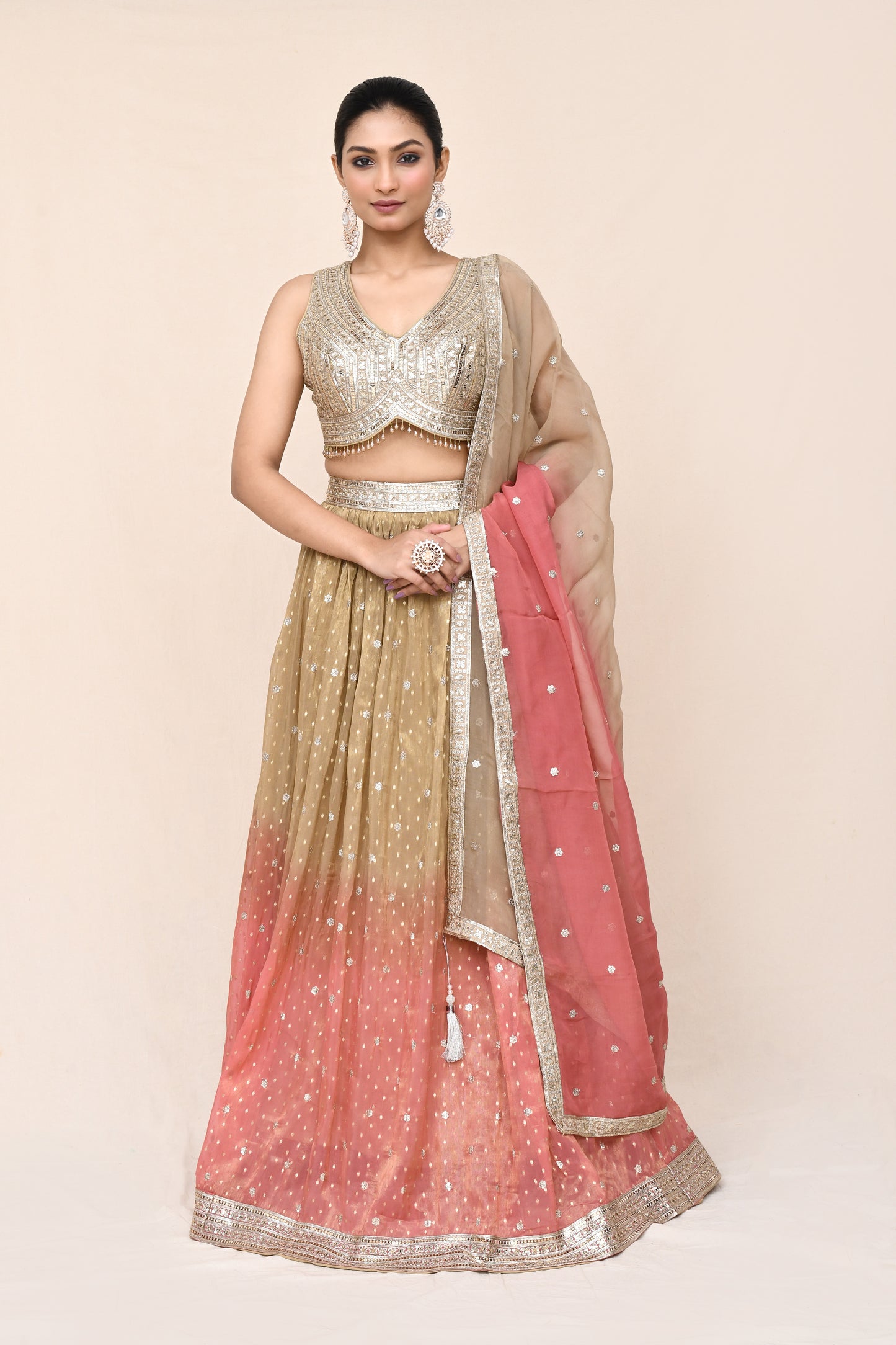 "Kancha" Beige & Pink Colored Designer Banarasi Lehenga With Stitched Blouse