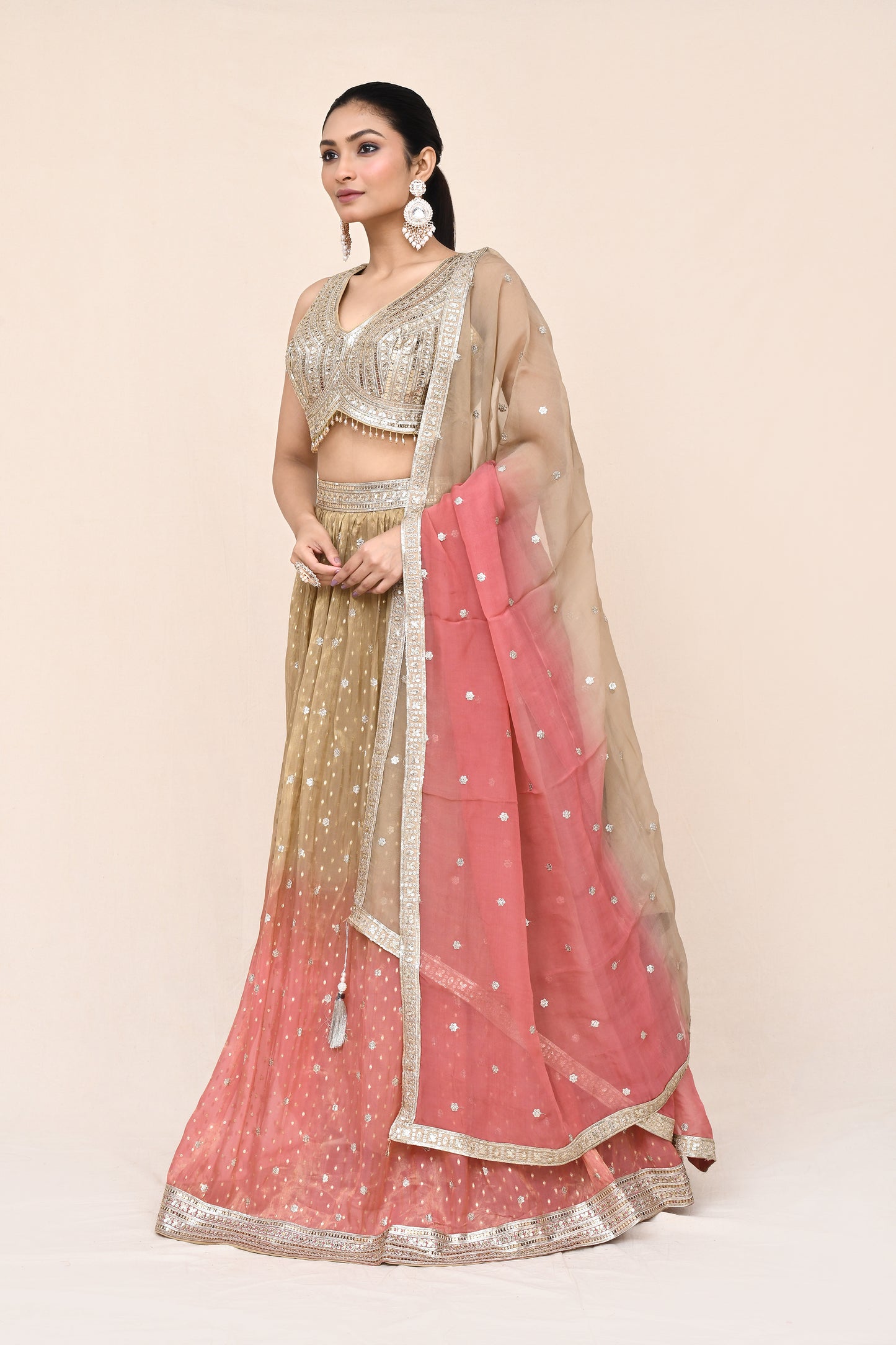 "Kancha" Beige & Pink Colored Designer Banarasi Lehenga With Stitched Blouse
