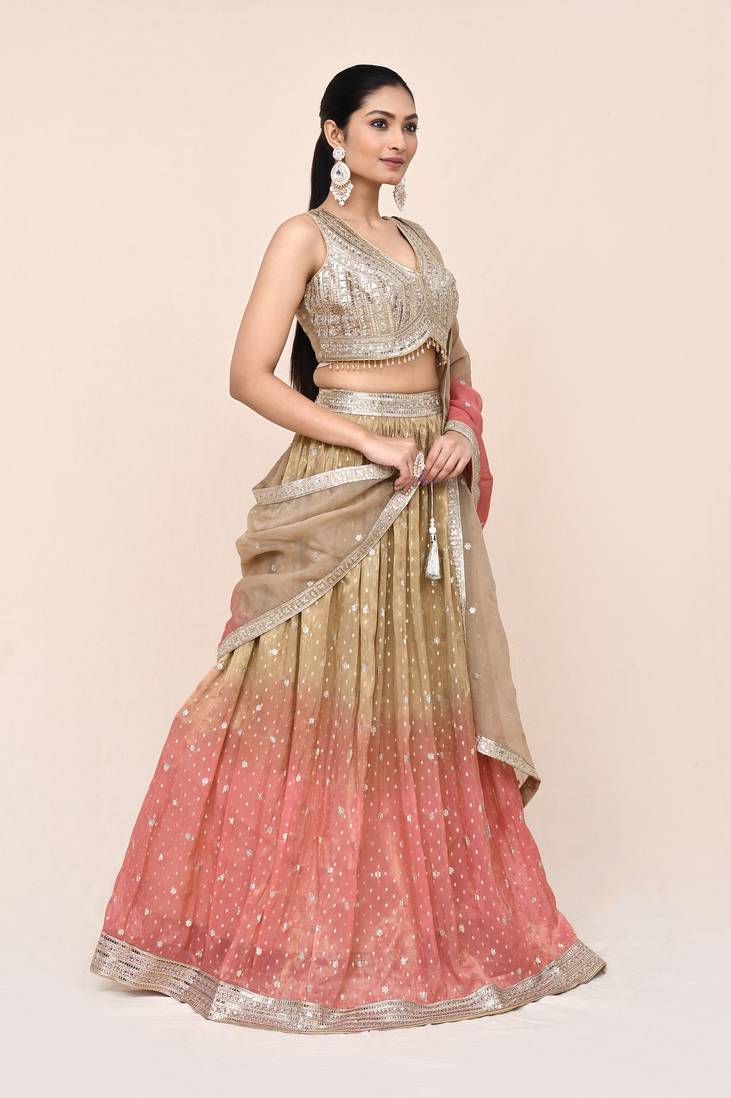 "MANSI 004" Beige & Pink Colored Designer Banarasi Lehenga With Stitched Blouse