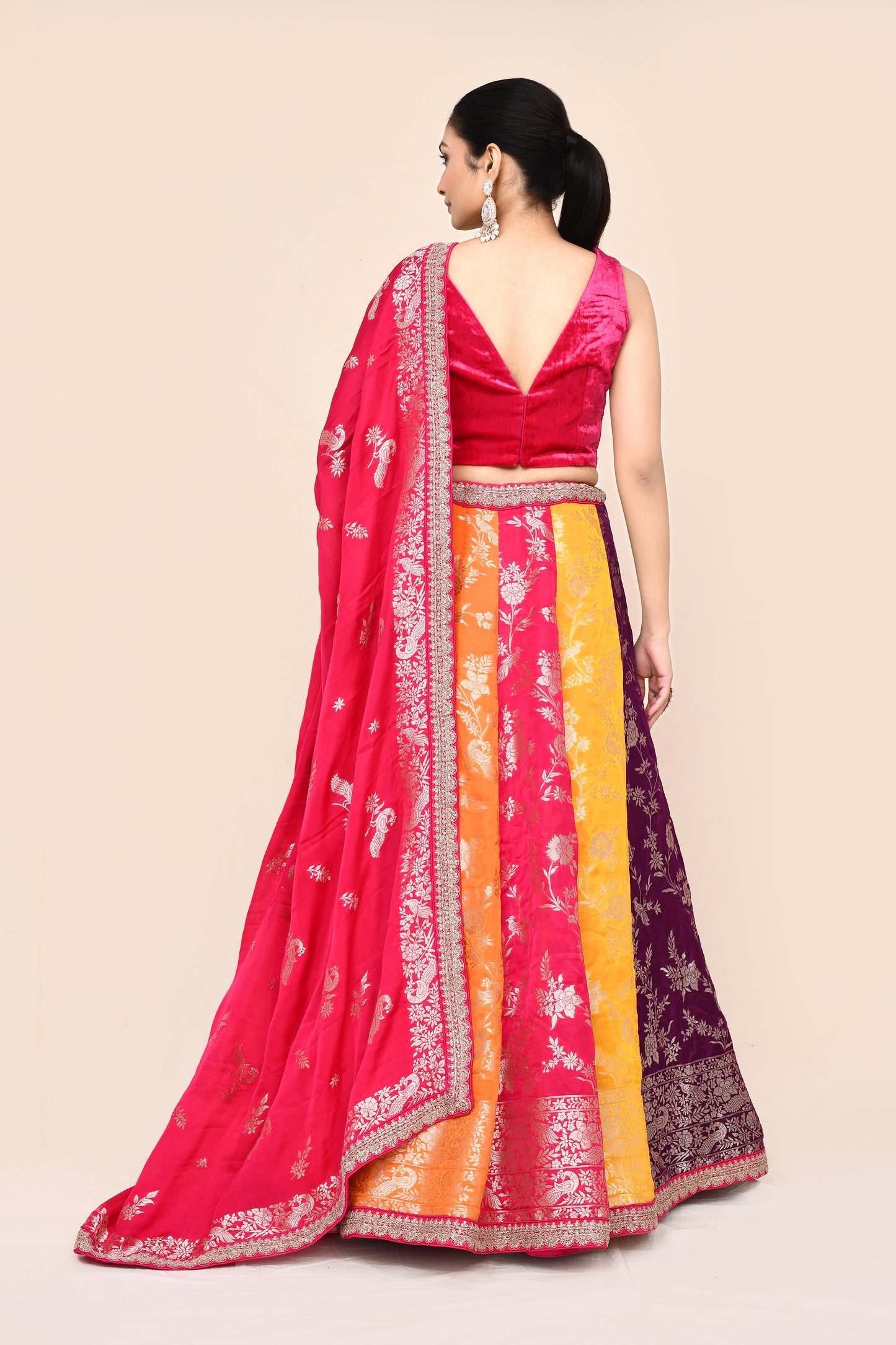 "Nrirupa" Multicolored Pure Banarasi Silk Lehenga With Stitched Blouse