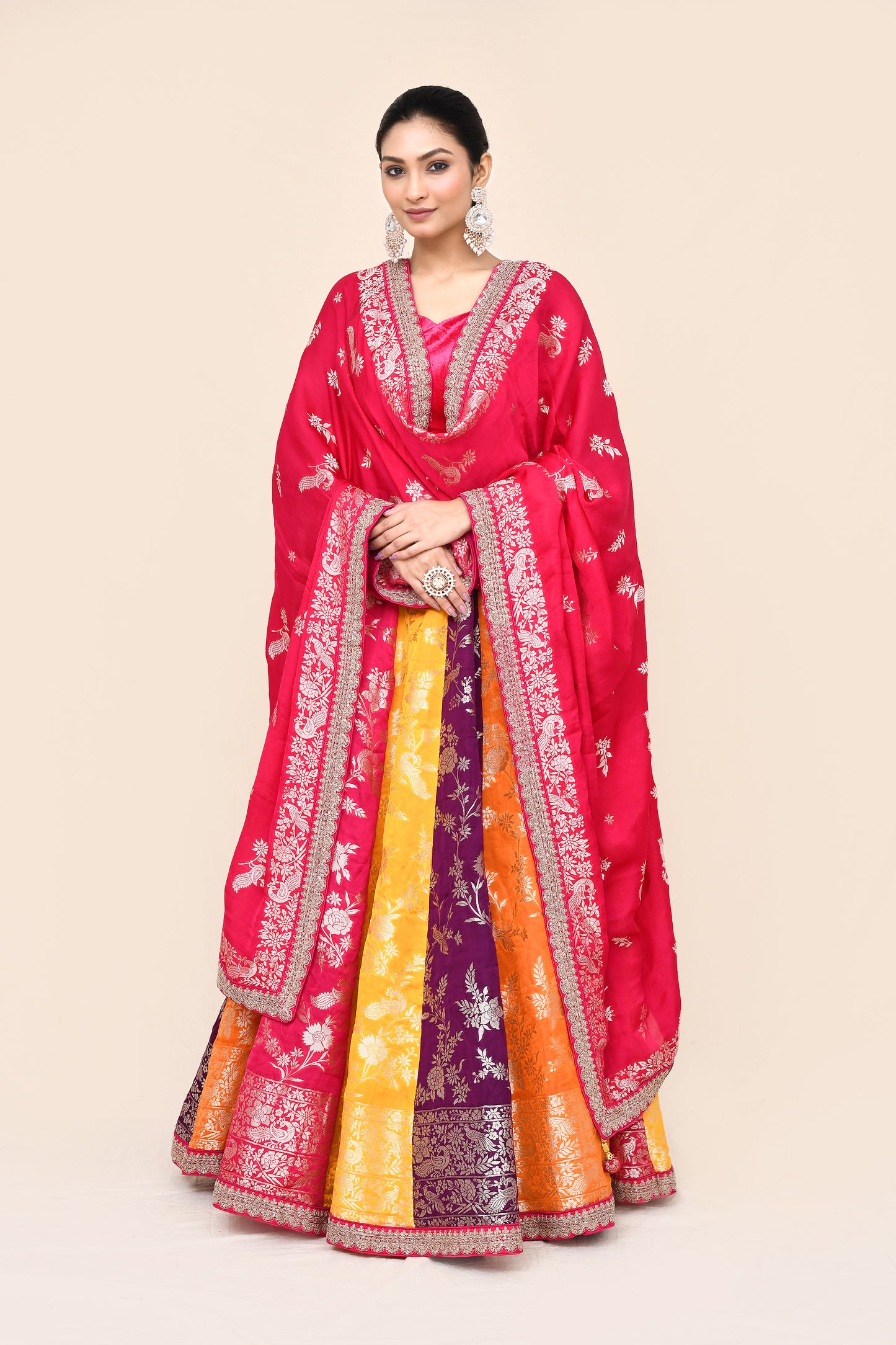 "Nrirupa" Multicolored Pure Banarasi Silk Lehenga With Stitched Blouse