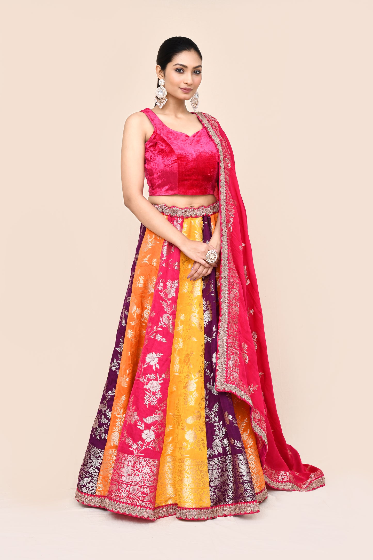 "Nrirupa" Multicolored Pure Banarasi Silk Lehenga With Stitched Blouse