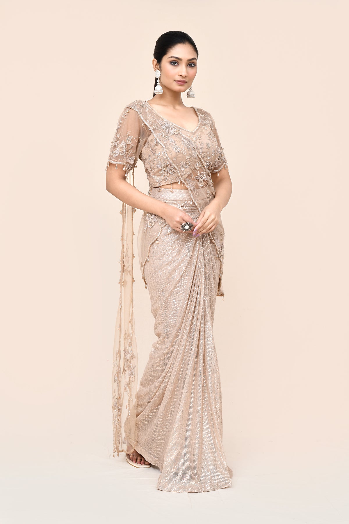 "VIRASAT 196" Chiku Color Pure Designer Stitch Saree