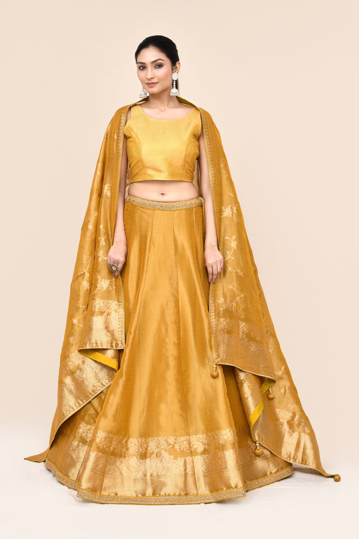 "Ranjitha" Mustard Pure Banarasi Silk Lehenga