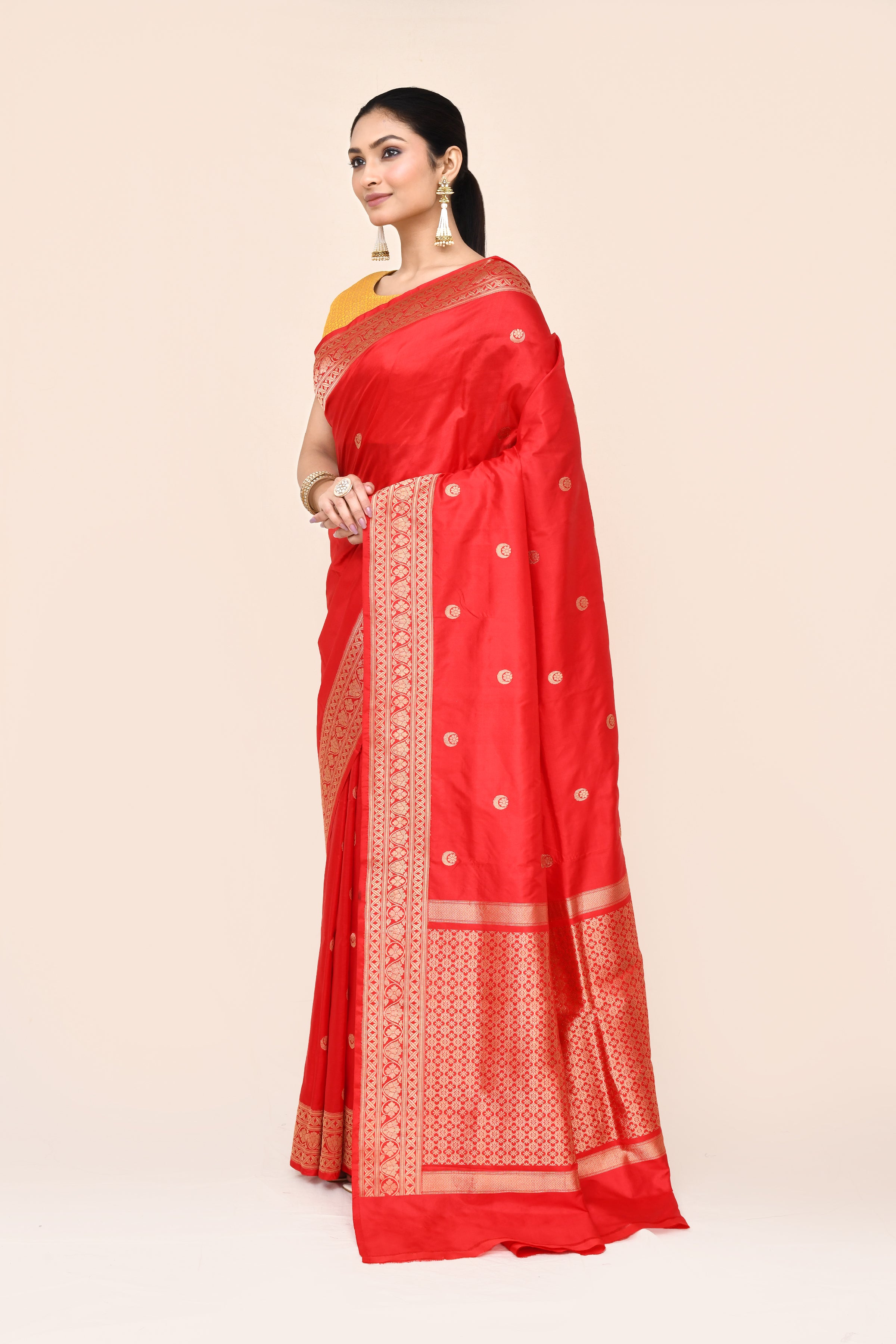 "VIRASAT 166" Red Pure Katan Handloom Kadhua Chand Boota Saree