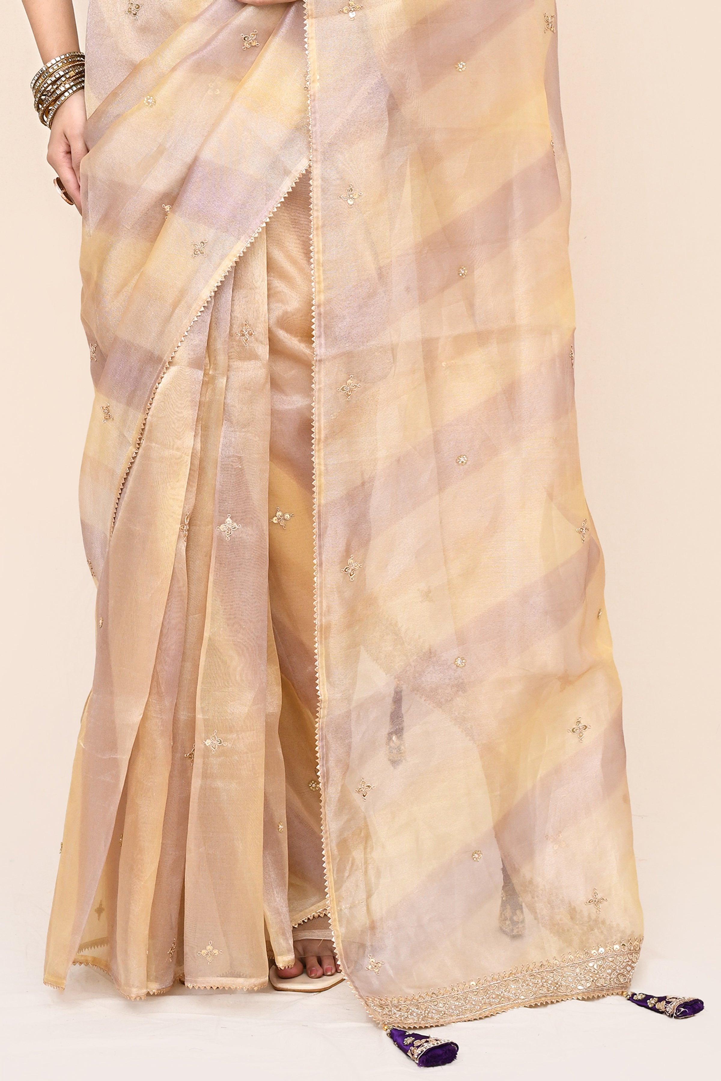 "VIRASAT 197" Cream Shade Of Pink Pure Banarasi Tissue Silk Gota Patti Work Saree