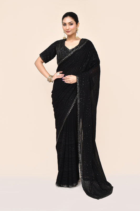 "VIRASAT 198" Black Pure Georgette Designer Saree With Stitched Blouse