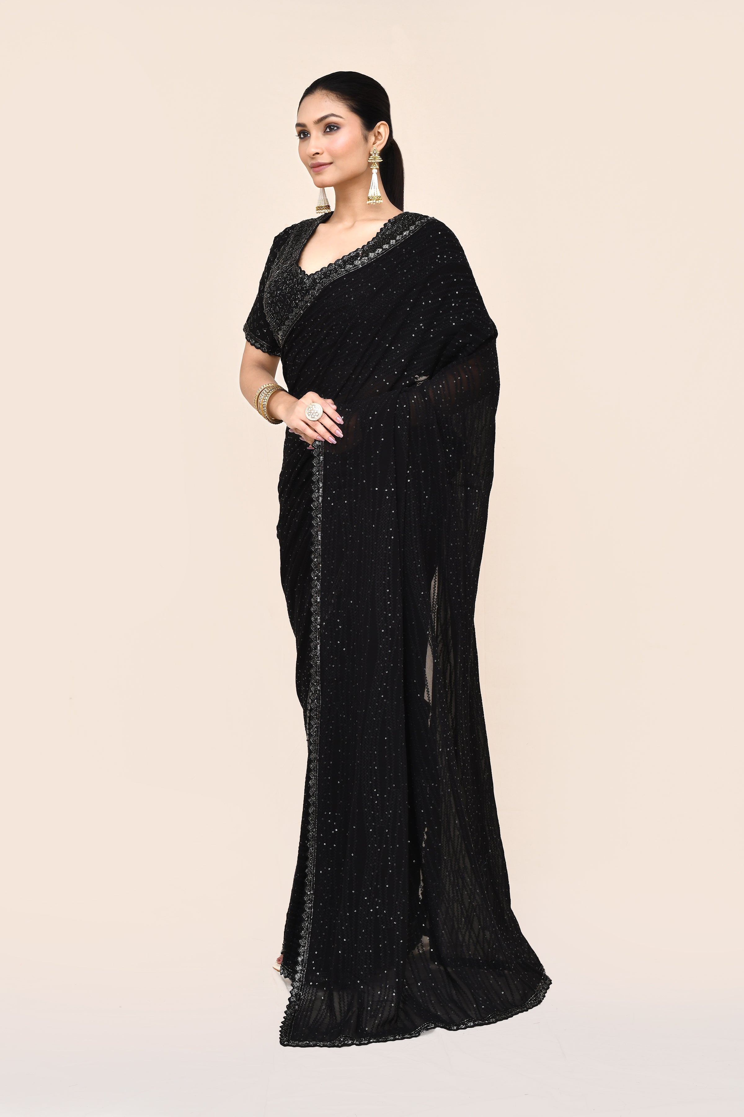 "VIRASAT 198" Black Pure Georgette Designer Saree With Stitched Blouse