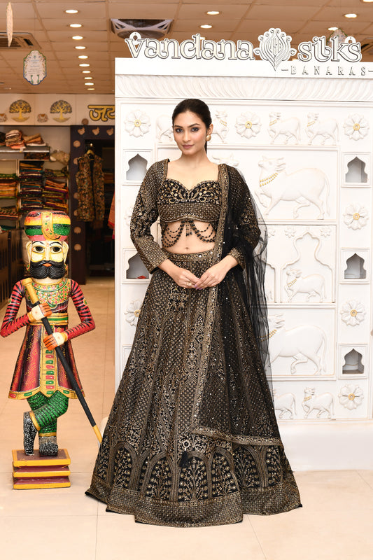 "Mukhi" Black Pure Georgette Banarasi Lehenga With Copper Work