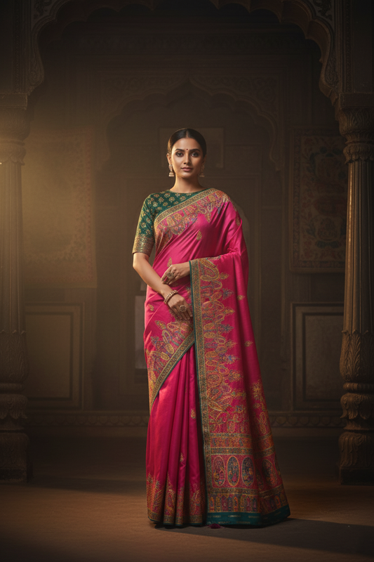 "Waah Banaras 087" Banarasi Hot Pink Meenakari Position Print Silk Saree