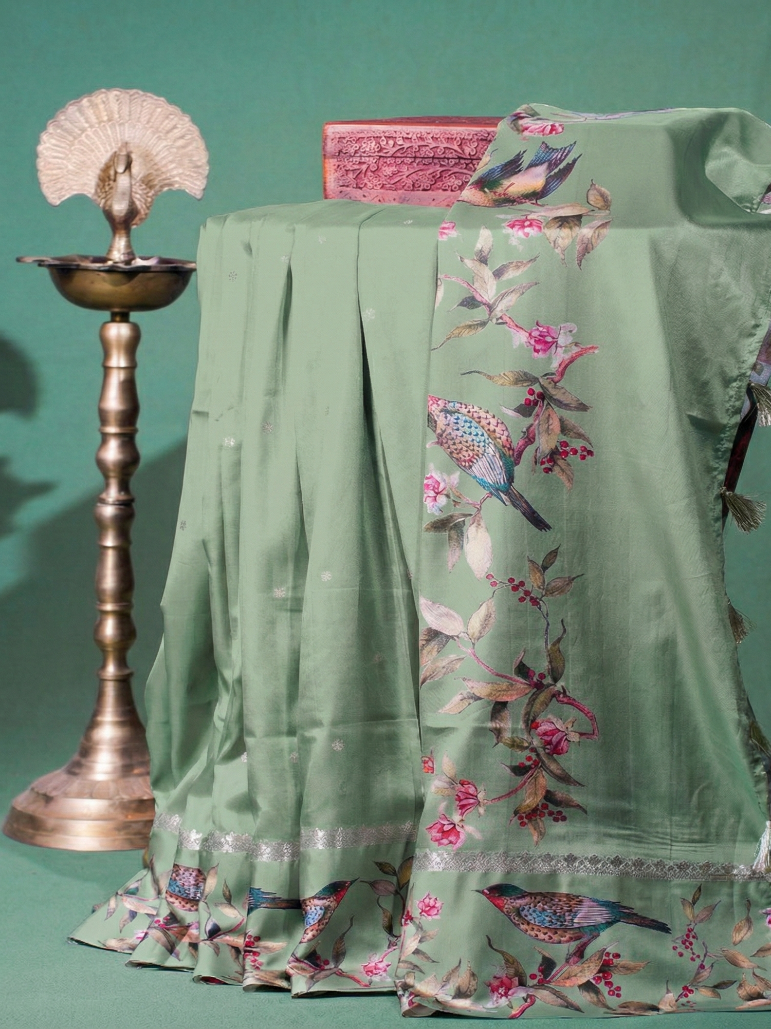 "UTSAV BANARAS 240" Banarasi Nature-Inspired Pastel Green Block Print Soft Silk Saree