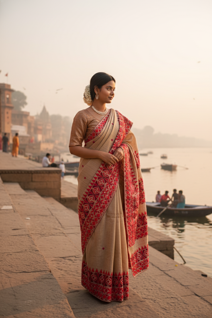 "VIRASAT 260" Banarasi Kosa Silk Kachhi Kadhai Hnadicraft Mirror Work Saree
